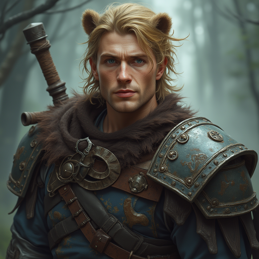 Dungeons and dragons character concept portrait. Male Fighter, Human race, Normal human anatomy and human face, non-fantasy features. Humans have strong jawline and rounded face features, with rounded eyes short blonde hair no facial hair happy blue eyes hansome shapeshifter half bear half man, , dnd photography, dnd live action, realistic dnd portrait, medium shot portrait, highly detailed, dynamic shot, 4k photo