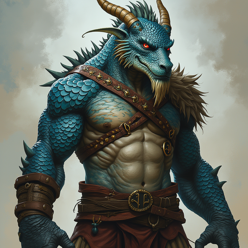 Dungeons and dragons character concept portrait. Male Barbarian, Dragonborn race, The dragonborn is a tall and muscular humanoid, covered in fine, leather scales with larger scales on their forearms, legs, shoulders, and thighs. They have clawed hands and feet with three fingers and a thumb. Their face has a blunt snout, strong brow, and frills near the cheeks and ears. A crest of horn-like scales runs down the back of their head, resembling thick, ropy hair. Their eyes are red or gold Sapphire scales with an obsidian belly with a fierce expression with bright blue eyes, , intricate, elegant, highly detailed, digital painting, artstation, concept art, smooth, sharp focus, illustration, art by stable diffusion ai's favorite artists