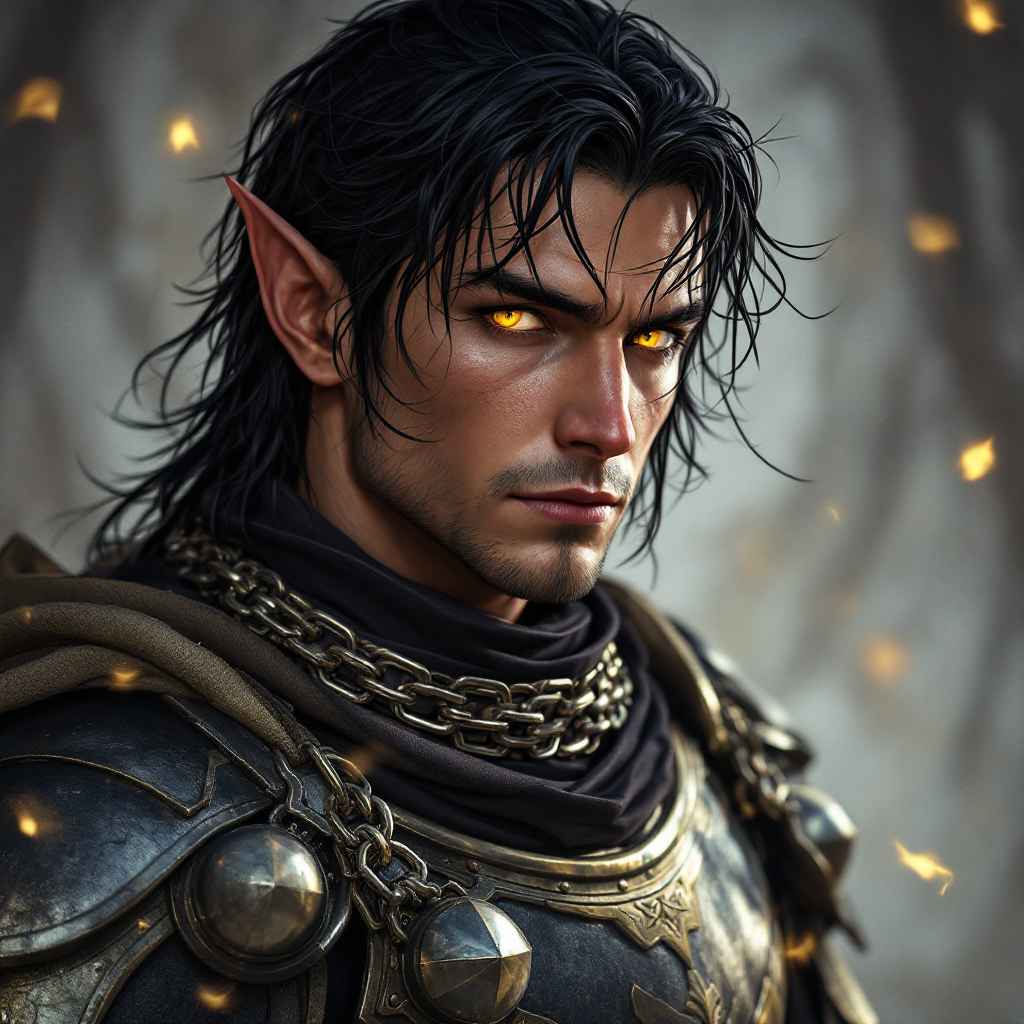Dungeons and dragons character concept portrait. Male Paladin, Half-Elf race, The half-elf is a tall, slender figure. They have a graceful appearance with high cheekbones. Their eyes are typically vibrant and round like human eyes half elf male paladin with yellow eyes and black hair in bright chain mail, , dnd photography, dnd live action, realistic dnd portrait, medium shot portrait, highly detailed, dynamic shot, 4k photo