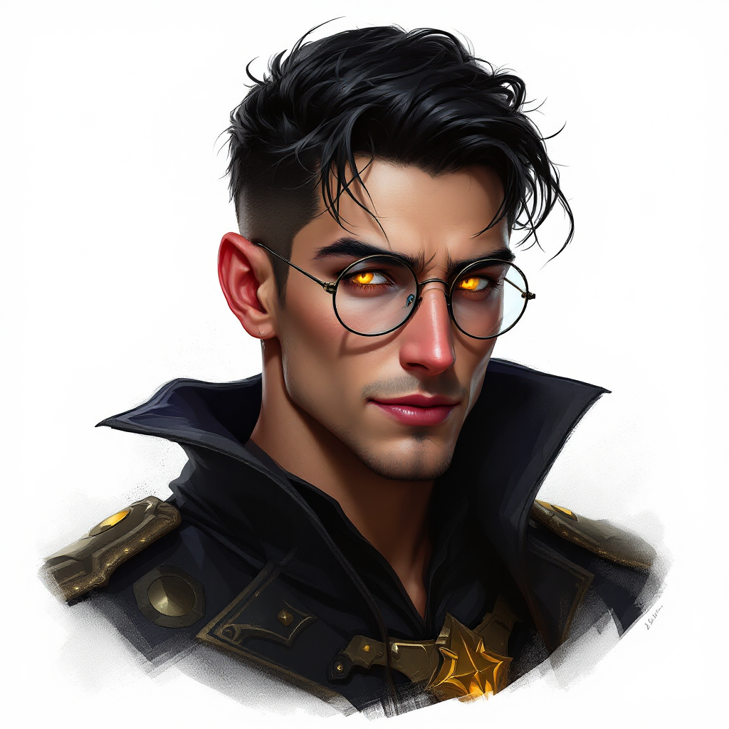 Dungeons and dragons character concept portrait. Male Warlock, Human race, Normal human anatomy and human face, non-fantasy features. Humans have strong jawline and rounded face features, with rounded eyes glowing golden eyes, black hair, sun kissed skin, big round glasses, young, clean shaved, cruel smile, charming, , intricate, elegant, highly detailed, digital painting, artstation, concept art, smooth, sharp focus, illustration, art by stable diffusion ai's favorite artists