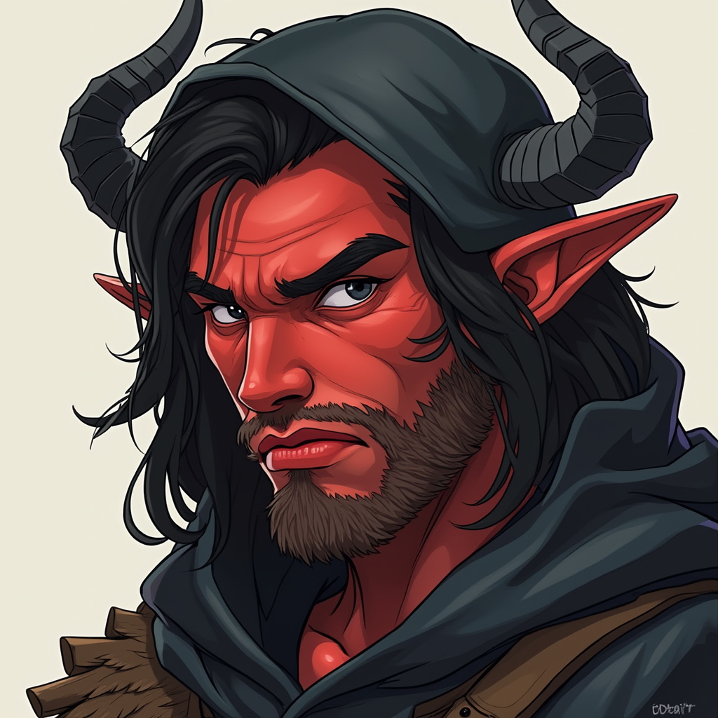 Dungeons and dragons character concept portrait. Male Barbarian, Human race, Normal human anatomy and human face, non-fantasy features. Humans have strong jawline and rounded face features, with rounded eyes girl, black hair, black eyes, wearing black hood, long crooked ears, black horns, red skin, , dnd cartoon character portrait, dnd cartoon character, highly detailed, high quality cartoon character