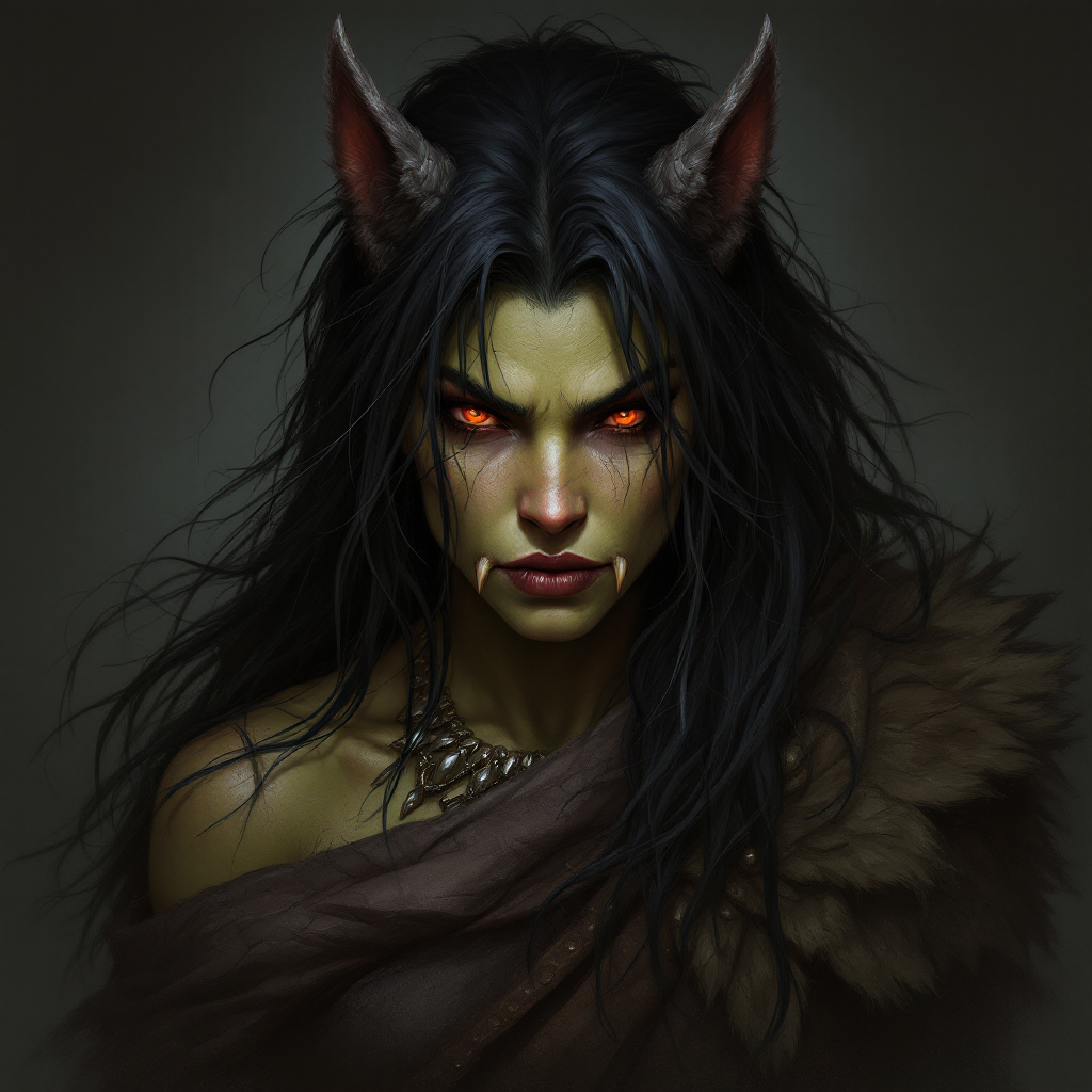 Dungeons and dragons character concept portrait. Female Barbarian, Half-Orc race, The half-orc is a robust figure, with a broad and muscular build. They have greenish skin, with pronounced features such as a strong jawline, large tusks protruding from their lower lip, and a prominent brow. Half-orcs have coarse, dark hair. Half-orcs wear rugged, practical clothing suited for combat or hard labor Grey skin, long coarse black hair that is wild and unkempt, reddish eyes, two prominent lower canines that look a little like tusks, pointed wolflike ears, , intricate, elegant, highly detailed, digital painting, artstation, concept art, smooth, sharp focus, illustration, art by stable diffusion ai's favorite artists