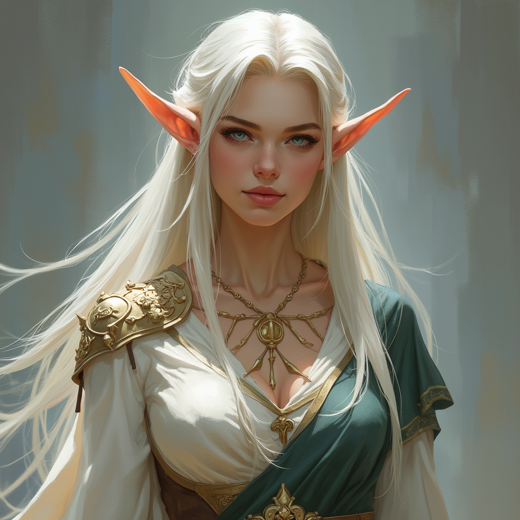 Dungeons and dragons character concept portrait. Female Cleric, Half-Elf race, The half-elf is a tall, slender figure. They have a graceful appearance with high cheekbones. Their eyes are typically vibrant and round like human eyes white blonde hair, tall, large breasts, human passing, with long hair, with ice blue eyes, small ears, , intricate, elegant, highly detailed, digital painting, artstation, concept art, smooth, sharp focus, illustration, art by stable diffusion ai's favorite artists