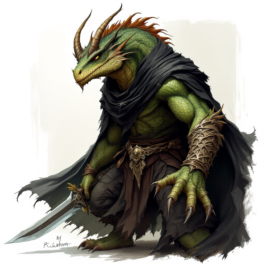 Dungeons and dragons character concept portrait. Male Fighter, Dragonborn race, The dragonborn is a tall and muscular humanoid, covered in fine, leather scales with larger scales on their forearms, legs, shoulders, and thighs. They have clawed hands and feet with three fingers and a thumb. Their face has a blunt snout, strong brow, and frills near the cheeks and ears. A crest of horn-like scales runs down the back of their head, resembling thick, ropy hair. Their eyes are red or gold He has the appearance of a green chameleon Lizard-folk. He wears the Cloak of Arachnida: A fine garment made of black silk interwoven with faint silvery threads, and under the cloak he wears common clothes . He is wielding A Sun Blade: a sword with a silver hilt and a blade of pure golden-white radiance that is thin as a wire. He has green eyes and a 1 single horn centered on his forehead., , dnd hand drawing, dnd drawing portrait, dnd character drawing, highly detailed hand drawing, high quality character drawing, colored drawing, colorful drawing, light background, solid background