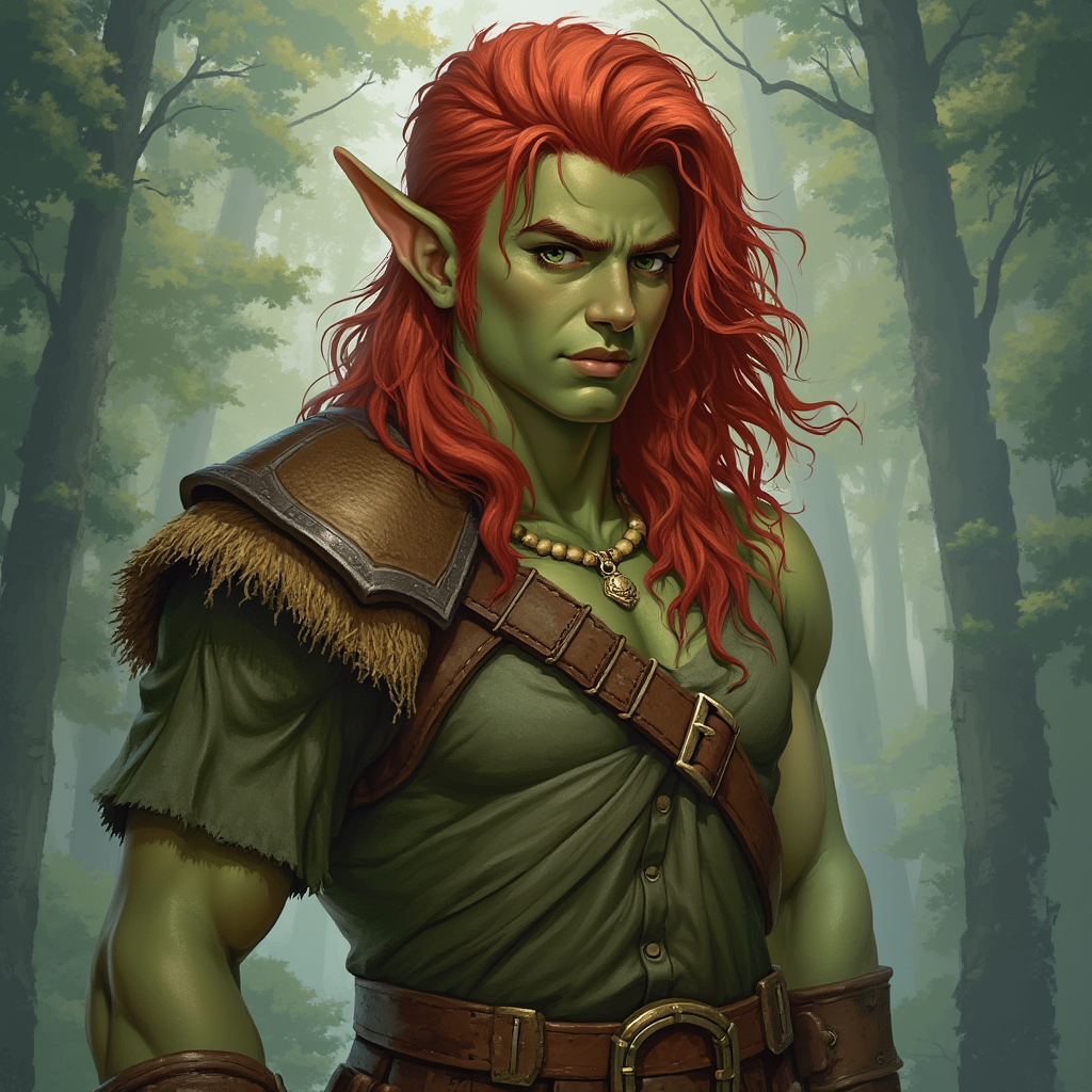 Dungeons and dragons character concept portrait. Male Barbarian, Human race, Normal human anatomy and human face, non-fantasy features. Humans have strong jawline and rounded face features, with rounded eyes female forest gnome ranger with green skin red hair green eyes , , intricate, elegant, highly detailed, digital painting, artstation, concept art, smooth, sharp focus, illustration, art by stable diffusion ai's favorite artists