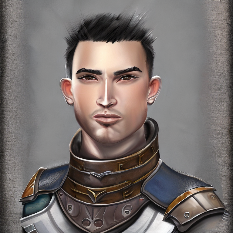 Character concept portrait. Male, Human race, Black hair color,  wearing Armor,, Paladin Age: 24; Height: 6'; Weight: 200 lb.; Eyes: Blue; Hair: brown; Skin: Tan, plate mail armor, handsome, and order of the silver dragon,  intricate, highly detailed, digital painting, artstation, concept art, smooth, sharp focus, illustration, art by stable diffusion ai's favorite artists, deviantart