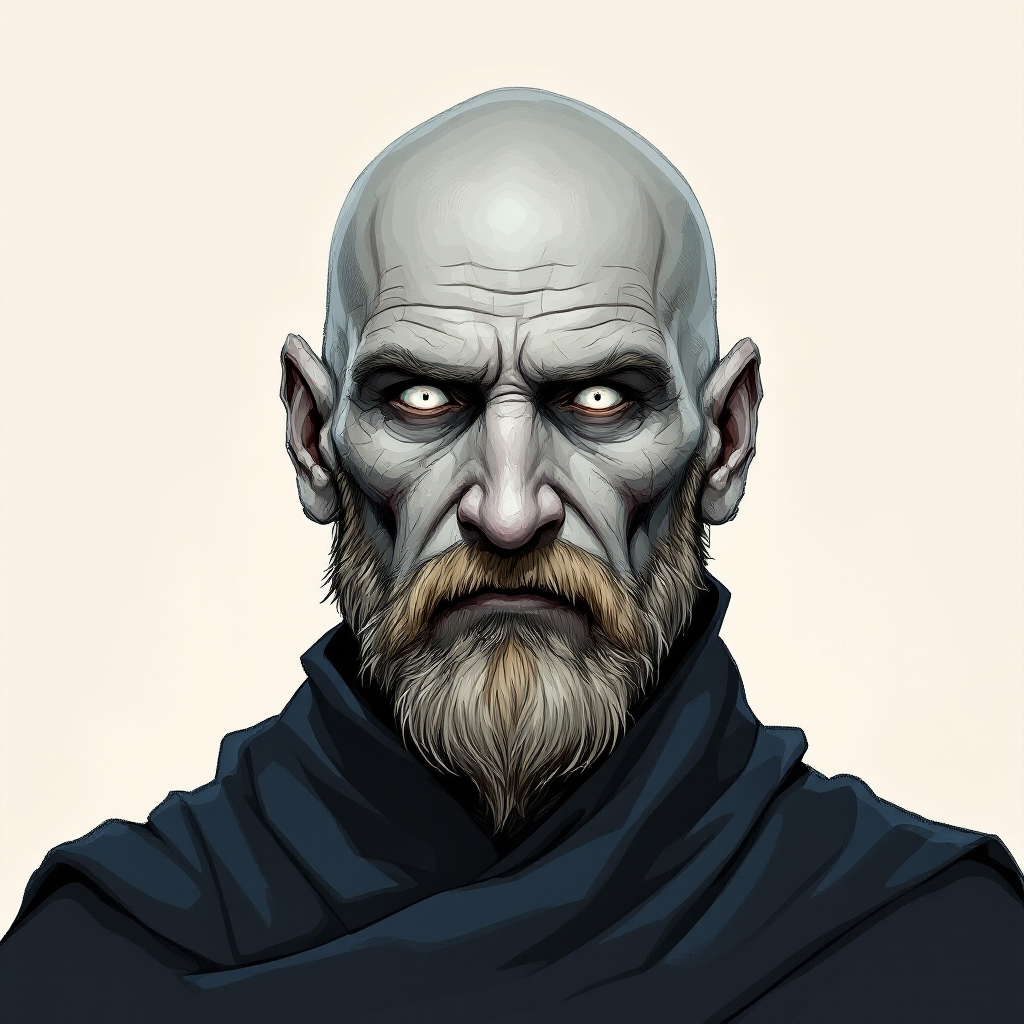 Dungeons and dragons character concept portrait. Male Warlock, Human race, Normal human anatomy and human face, non-fantasy features. Humans have strong jawline and rounded face features, with rounded eyes with grey skin, with white eyes, with a bald head, without a beard, , old school dnd portrait, old school dnd character, traditional dnd character art, dungeons and dragons traditional art, 2d character drawing, colored drawing, colorful drawing