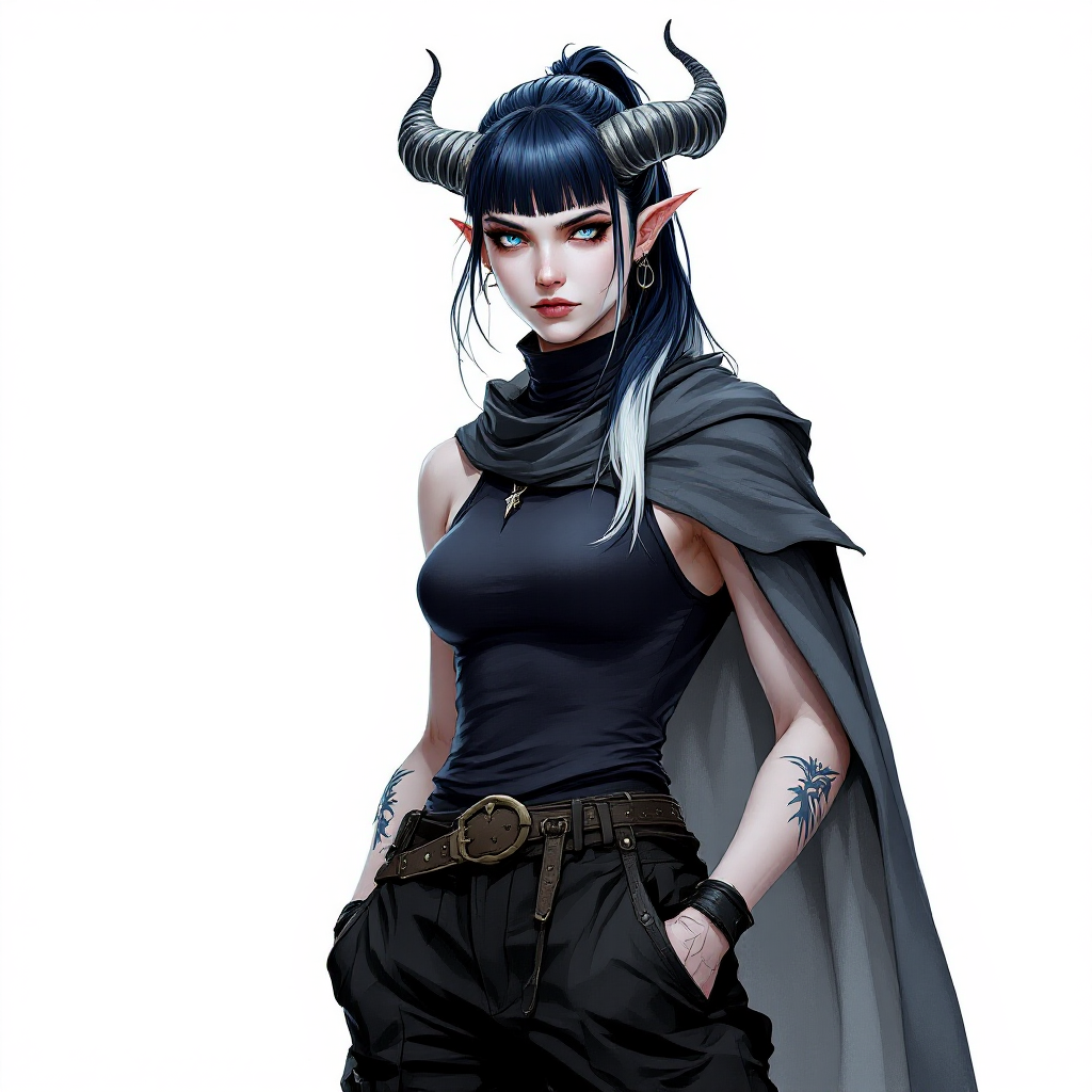 Dungeons and dragons character concept portrait. Male Barbarian, Human race, Normal human anatomy and human face, non-fantasy features. Humans have strong jawline and rounded face features, with rounded eyes Her Skin color pale blue tint. Her Clothing is fitted straight black cargo pants, black combat boots and a turtleneck tank top with a shadowy cloak. Hair is two-toned navy with white, in a long ponytail with straight-cut bangs across the forehead. Ears have many earrings that are spikes. She has a simple black septum piercing. Eyes are pale, glowing gray-blue. Facial expression is bored. She has an oval face shape. Her horns spiral upward and slightly back. Pose Standing with hands in pockets. With tattoos on arms. Female, , dnd hand drawing, dnd drawing portrait, dnd character drawing, highly detailed hand drawing, high quality character drawing, colored drawing, colorful drawing, light background, solid background