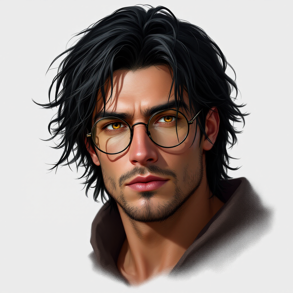 Dungeons and dragons character concept portrait. Male Wizard, Human race, Normal human anatomy and human face, non-fantasy features. Humans have strong jawline and rounded face features, with rounded eyes young man with black hair with sun kissed skin with golden eyes with big circle glasses. no beard, , intricate, elegant, highly detailed, digital painting, artstation, concept art, smooth, sharp focus, illustration, art by stable diffusion ai's favorite artists