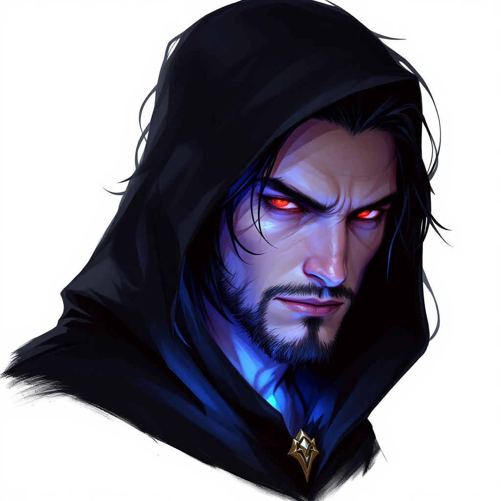 Dungeons and dragons character concept portrait. Male Rogue, Human race, Normal human anatomy and human face, non-fantasy features. Humans have strong jawline and rounded face features, with rounded eyes RED piercing EYES with black robe with black hair with blue glow, , dnd comics character drawing, dnd comics character, 2d comics drawing, marvel comics style character, dc comics style character