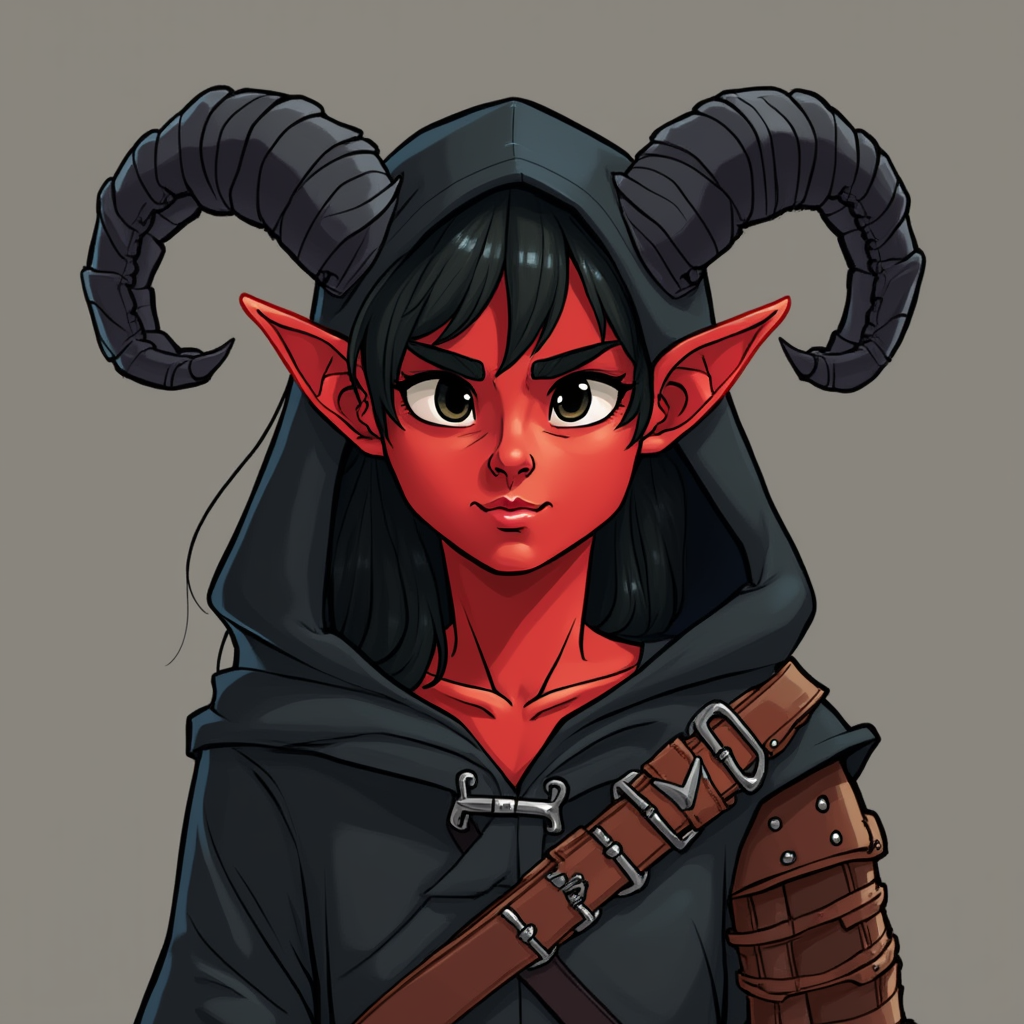 Dungeons and dragons character concept portrait. Male Barbarian, Human race, Normal human anatomy and human face, non-fantasy features. Humans have strong jawline and rounded face features, with rounded eyes young girl, black hair, black eyes, wearing black hood, long crooked ears, black horns, red skin, , dnd cartoon character portrait, dnd cartoon character, highly detailed, high quality cartoon character