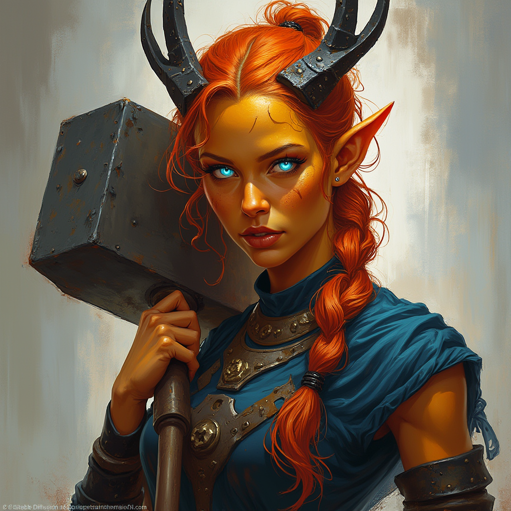 Dungeons and dragons character concept portrait. Female Paladin, Tiefling race, The tiefling is a tall and striking figure with a lean and muscular build. Sharp horns that grow amidst the hairline. Tieflings have glowing eyes which give them an otherworldly appearance. Tieflings favor bold clothing incorporating dark colors and intricate patterns Tiefling female, blacksmith, orange-gold skin,  fire red wavy hair tied up in messy braids, bright blue-white fiery eyes, multi-tipped antler-like horns, carries a large hammer, muscular and stocky, wearing blacksmith's attire, , intricate, elegant, highly detailed, digital painting, artstation, concept art, smooth, sharp focus, illustration, art by stable diffusion ai's favorite artists