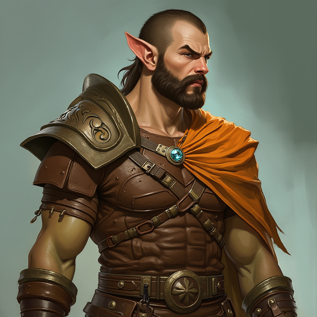 Dungeons and dragons character concept portrait. Male Barbarian, Human race, Normal human anatomy and human face, non-fantasy features. Humans have strong jawline and rounded face features, with rounded eyes tall masculine half orc no beard, bald, orange clothes, brown eyes, with green skin, no beard, no facial hair except for eyebrows. Round ears, , intricate, elegant, highly detailed, digital painting, artstation, concept art, smooth, sharp focus, illustration, art by stable diffusion ai's favorite artists