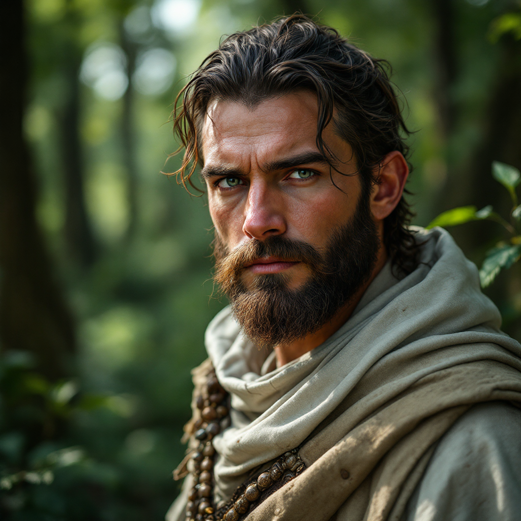 Dungeons and dragons character concept portrait. Male Cleric, Human race, Normal human anatomy and human face, non-fantasy features. Humans have strong jawline and rounded face features, with rounded eyes a human male cleric of nature in the woods, , dnd photography, dnd live action, realistic dnd portrait, medium shot portrait, highly detailed, dynamic shot, 4k photo