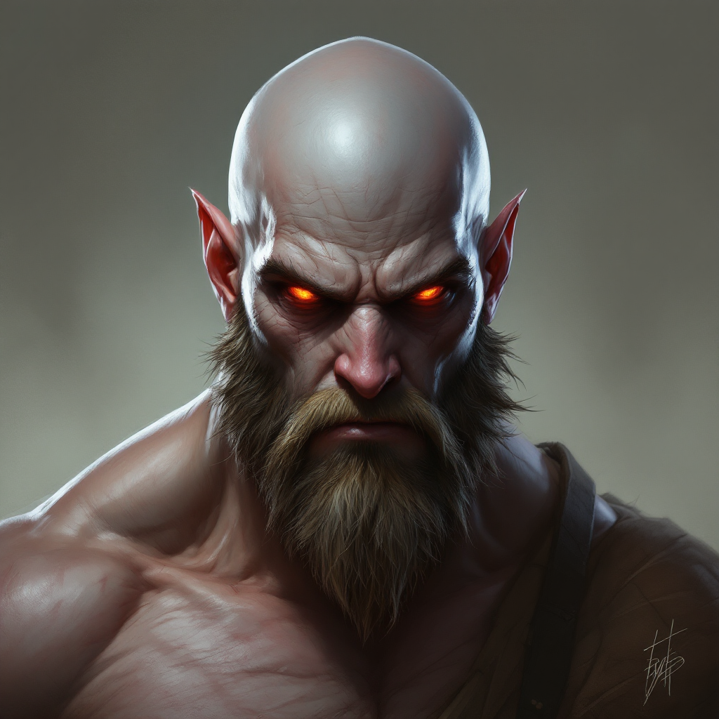 Dungeons and dragons character concept portrait. Male Barbarian, Human race, Normal human anatomy and human face, non-fantasy features. Humans have strong jawline and rounded face features, with rounded eyes a goliath with grey skin, with bald head, with glowing red eyes, , intricate, elegant, highly detailed, digital painting, artstation, concept art, smooth, sharp focus, illustration, art by stable diffusion ai's favorite artists