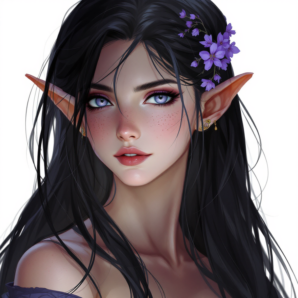 Dungeons and dragons character concept portrait. Female Bard, Elf race, The elf is a slender, athletic figure, standing about the same height as a human. Elves have bright eyes. Elves have angular features and angular eyes. Their hair long with loose hairstyle Purple freckles, black hair with purple blossom hairpin, ice eyes, bard class, off the shoulder top, , intricate, elegant, highly detailed, digital painting, artstation, concept art, smooth, sharp focus, illustration, art by stable diffusion ai's favorite artists