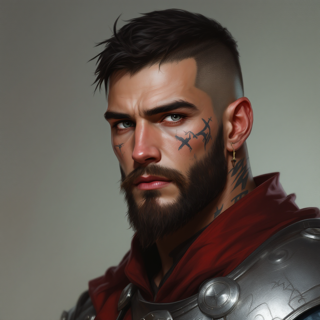 Dungeons and dragons character concept portrait. Male Fighter, Human race, Normal human anatomy and human face, non-fantasy features. Humans have strong jawline and rounded face features, with rounded eyes with short hair, with long beard, with black and red hair, with gray eyes, with pale skin, young, with tattoos on the face, full body, muscular build, with a lance, wearing silver plate mail, , intricate, elegant, highly detailed, digital painting, artstation, concept art, smooth, sharp focus, illustration, art by stable diffusion ai's favorite artists