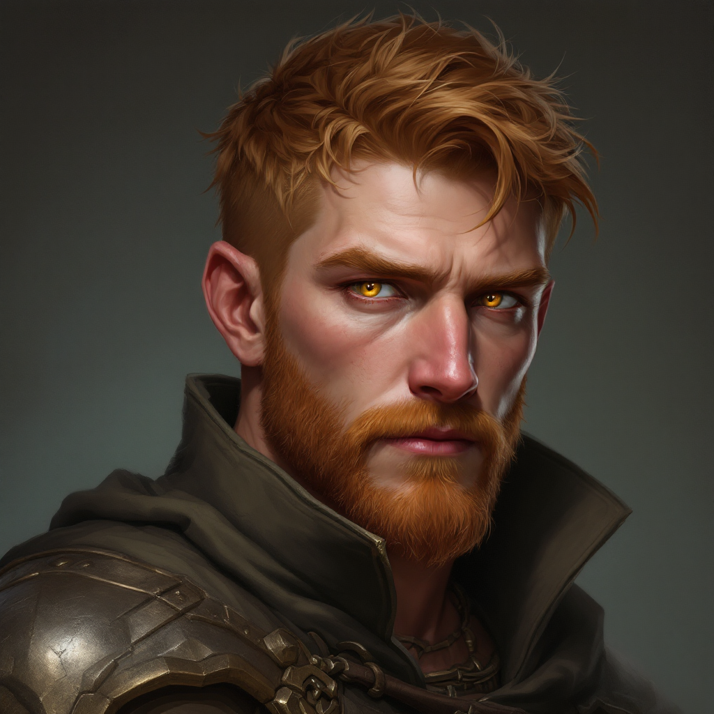 Dungeons and dragons character concept portrait. Male Fighter, Human race, Normal human anatomy and human face, non-fantasy features. Humans have strong jawline and rounded face features, with rounded eyes short hair aged ginger with short beard with charming face with strong jaw with amber eyes, , intricate, elegant, highly detailed, digital painting, artstation, concept art, smooth, sharp focus, illustration, art by stable diffusion ai's favorite artists