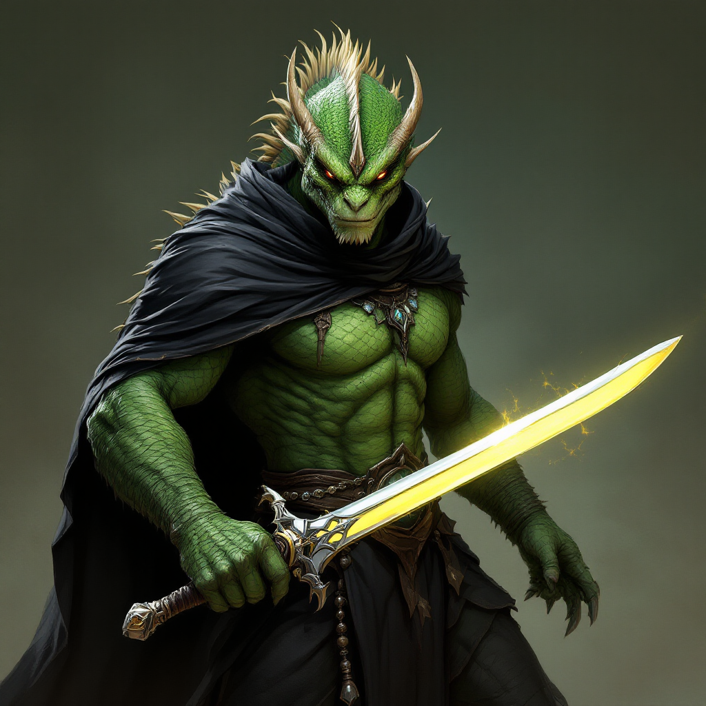 Dungeons and dragons character concept portrait. Male Fighter, Dragonborn race, The dragonborn is a tall and muscular humanoid, covered in fine, leather scales with larger scales on their forearms, legs, shoulders, and thighs. They have clawed hands and feet with three fingers and a thumb. Their face has a blunt snout, strong brow, and frills near the cheeks and ears. A crest of horn-like scales runs down the back of their head, resembling thick, ropy hair. Their eyes are red or gold He has the appearance of a green chameleon Lizard-folk. He wears the Cloak of Arachnida: A fine garment made of black silk interwoven with faint silvery threads, and under the cloak he wears common clothes . He is wielding A Sun Blade: a sword with a silver hilt and a blade of pure golden-white radiance that is thin as a wire. He has green eyes and a 1 single horn centered on his forehead., with green skin, , tech dnd character portrait, dnd tech character, highly detailed, high quality tech character, with technology elements, sci-fi dnd character