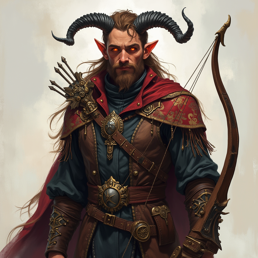 Dungeons and dragons character concept portrait. Male Bard, Tiefling race, The tiefling is a tall and striking figure with a lean and muscular build. Sharp horns that grow amidst the hairline. Tieflings have glowing eyes which give them an otherworldly appearance. Tieflings favor bold clothing incorporating dark colors and intricate patterns full body portrait. dwarf male of a early adult age. formerly a farmer and now a ranger. love of animals and believes in justice. proficient in  survival, animal handling, and the long bow. viking type embodiment. brown hair. , , intricate, elegant, highly detailed, digital painting, artstation, concept art, smooth, sharp focus, illustration, art by stable diffusion ai's favorite artists