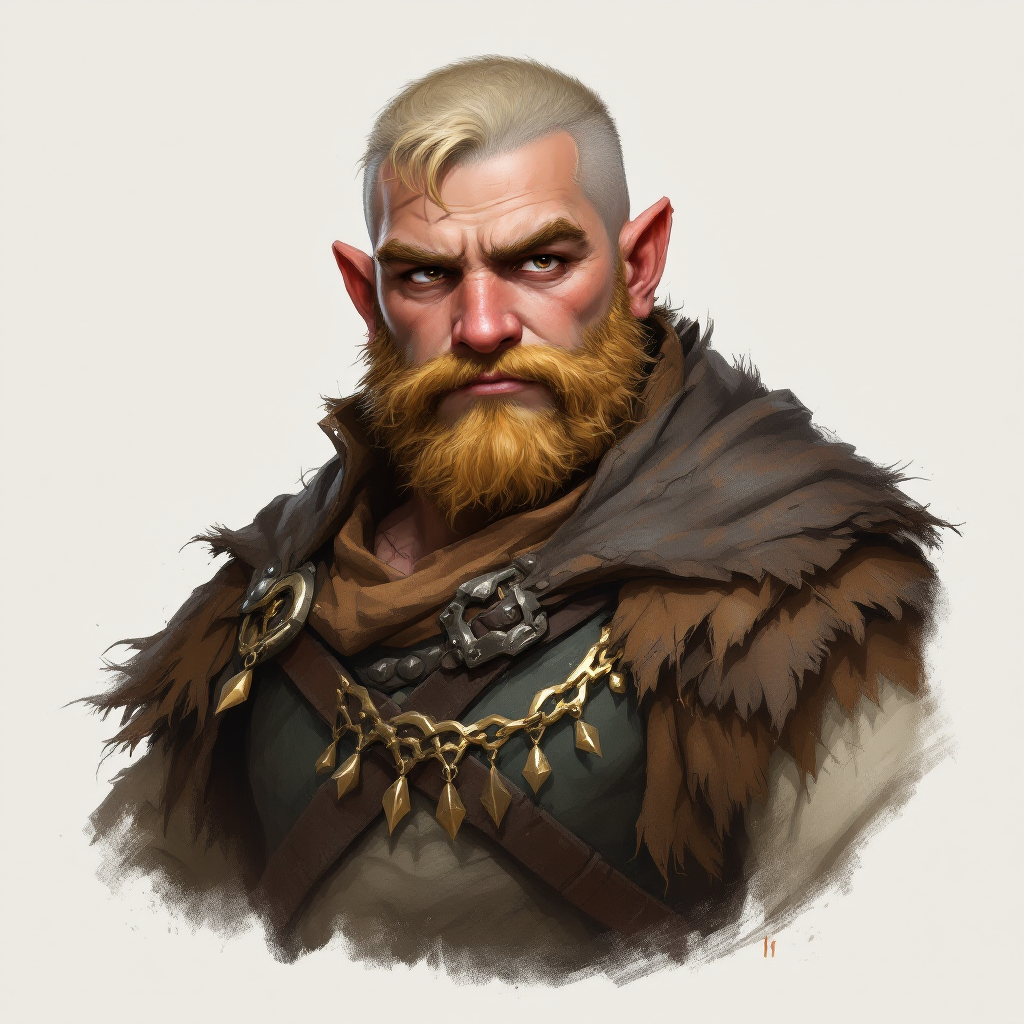 Dungeons and dragons character concept portrait. Male Fighter, Halflin race, The halfling is a stocky figure. They have a round face, large, expressive eyes, and a cheerful demeanor. Their hair is curly or wavy. Their attire feature earthy colors Feric Ater is a 32 year old male lightfoot halfling historian.  He has cropped, straight, blond hair and brown eyes.  He has soft pink skin.  He stands 114cm (3'8