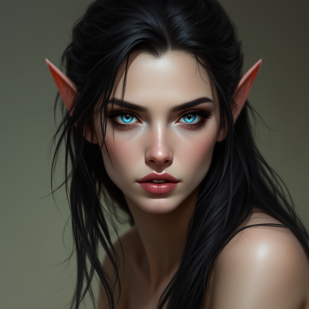 Dungeons and dragons character concept portrait. Female Fighter, Elf race, The elf is a slender, athletic figure, standing about the same height as a human. Elves have bright eyes. Elves have angular features and angular eyes. Their hair long with loose hairstyle with blue eyes, black hair, pale skin, fine features, a slightly cocky look, , intricate, elegant, highly detailed, digital painting, artstation, concept art, smooth, sharp focus, illustration, art by stable diffusion ai's favorite artists