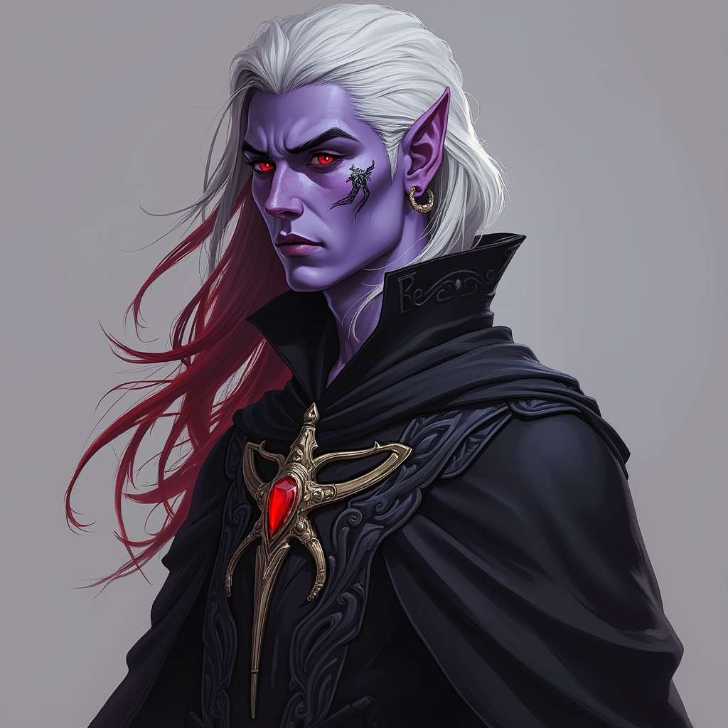 Dungeons and dragons character concept portrait. Male Sorcerer, Drow race, The drow, or dark elf, is a slender figure, with dark gray to nearly black skin. Their hair is stark white or pale silver, contrasting sharply with their skin. Drow have sharp, angular features, and vibrant eyes and angular eyes. They wear dark, elegant clothing with intricate details reflecting their underground and mysterious origins red dragon sorcerer, robe, purple skin, D&D, with tattoos on face, with red hair, , intricate, elegant, highly detailed, digital painting, artstation, concept art, smooth, sharp focus, illustration, art by stable diffusion ai's favorite artists