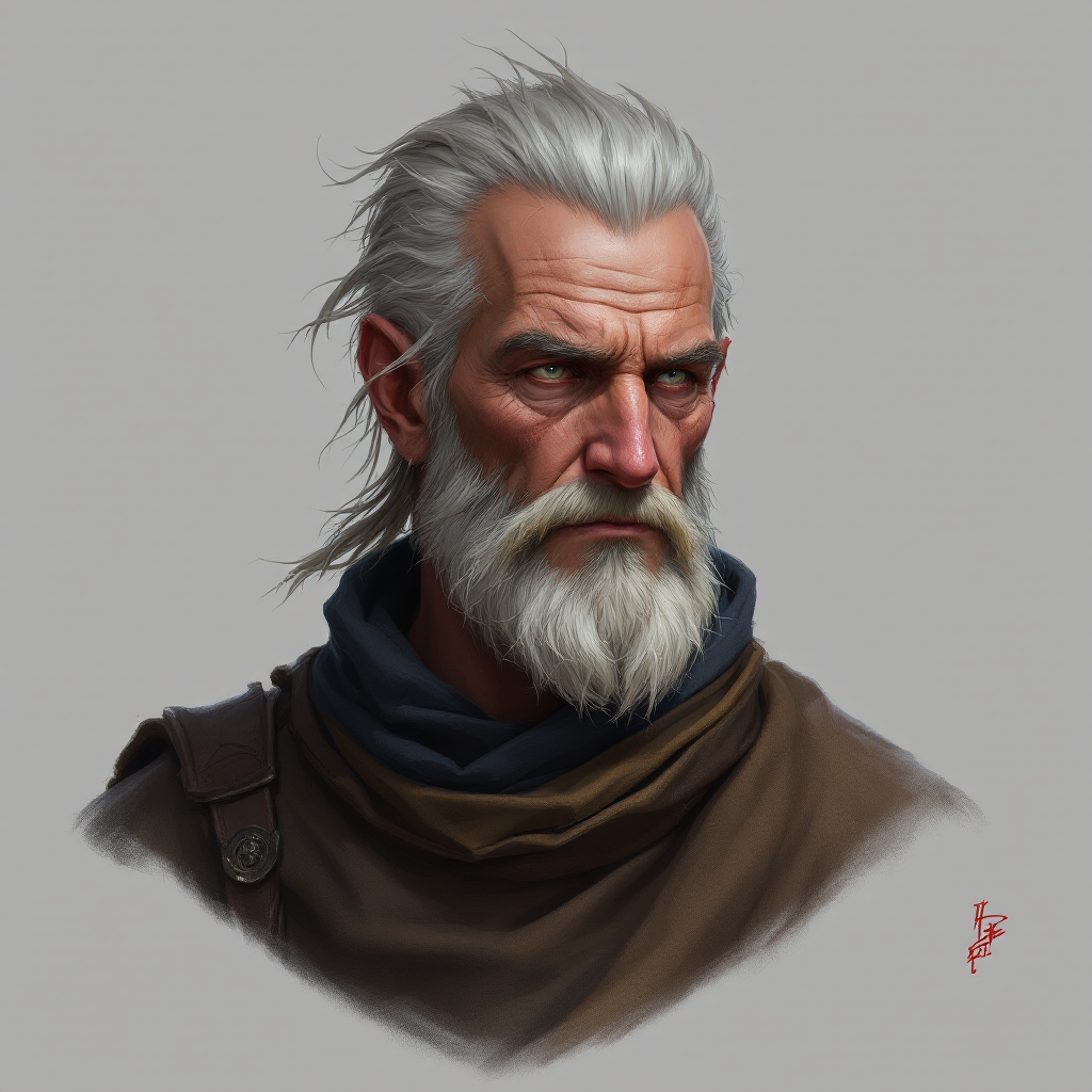 Dungeons and dragons character concept portrait. Male Fighter, Human race, Normal human anatomy and human face, non-fantasy features. Humans have strong jawline and rounded face features, with rounded eyes An old human male farmer in common clothes, , intricate, elegant, highly detailed, digital painting, artstation, concept art, smooth, sharp focus, illustration, art by stable diffusion ai's favorite artists