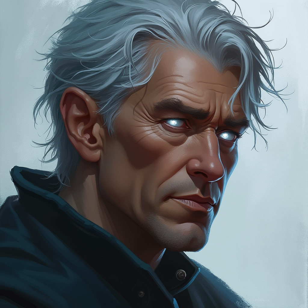 Dungeons and dragons character concept portrait. Male Warlock, Human race, Normal human anatomy and human face, non-fantasy features. Humans have strong jawline and rounded face features, with rounded eyes middle aged human male warlock glowing silver eyes short grey hair no facial hair, , intricate, elegant, highly detailed, digital painting, artstation, concept art, smooth, sharp focus, illustration, art by stable diffusion ai's favorite artists