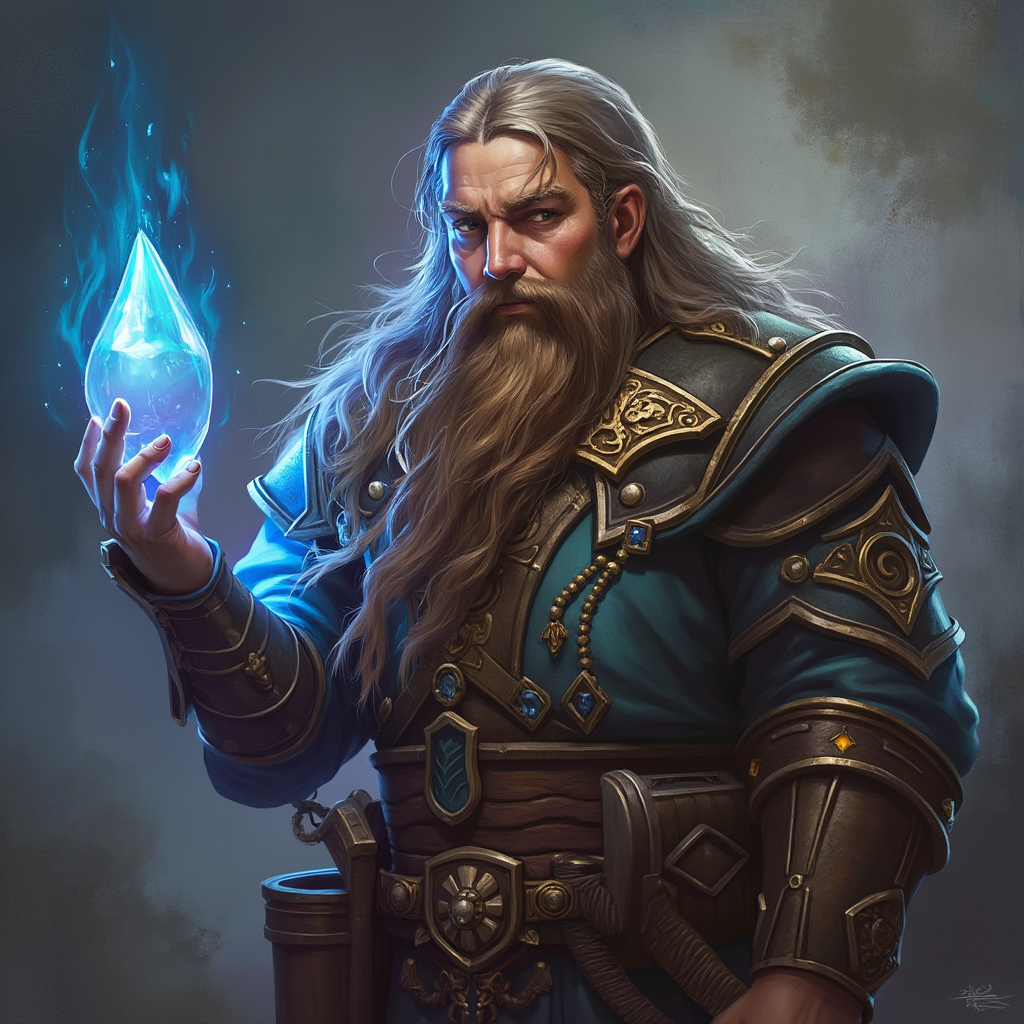 Dungeons and dragons character concept portrait. Male Sorcerer, Dwarf race, The dwarf is a short and broad figure. Dwarves have long hair. Dwarves have rounded face features. Their clothing and gear are decorated with bold geometric designs, gems, and ancestral faces , intricate, elegant, highly detailed, digital painting, artstation, concept art, smooth, sharp focus, illustration, art by stable diffusion ai's favorite artists