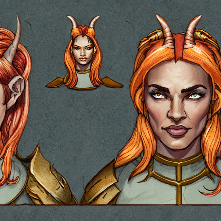 D&D character concept portrait. Female Tiefling, Tiefling race, infernal Tiefling, with curved horns, with demon horns, upper body, upper-body, full head, head in frame, symmetric, Tiefling warrior, with Light skin, with tiefling skin, Light skin, Light skinned, Orange-gold skin, red and yellow wavy hair in messy braids, flame blue-white eyes, multi-pointed yellow-gold antler-like horns, simple clothing, large blacksmith's hammer on her back, carries a carved wooden shield, friendly smile,  intricate, elegant, highly detailed, digital painting, artstation, concept art, smooth, sharp focus, illustration, art by stable diffusion ai's favorite artists