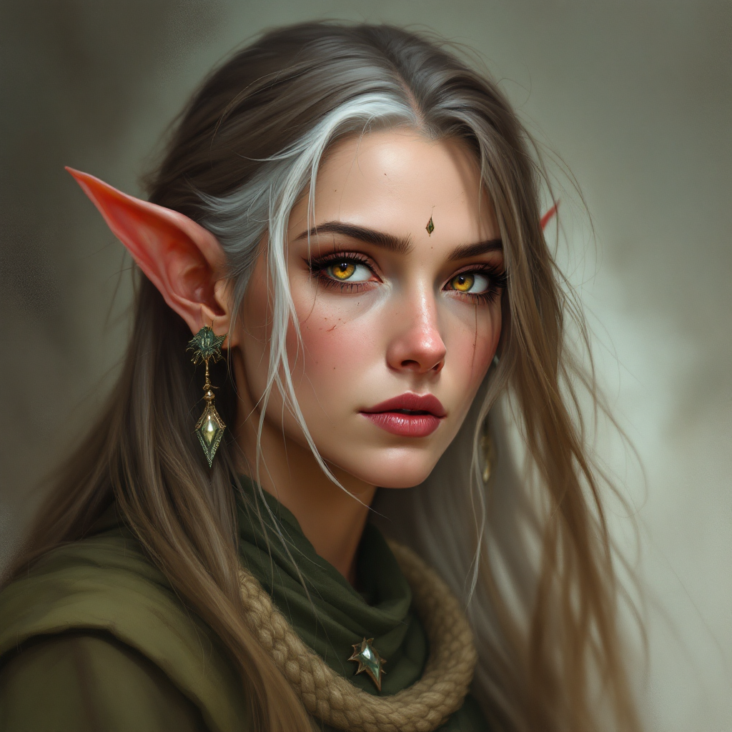 Dungeons and dragons character concept portrait. Female Druid, Elf race, The elf is a slender, athletic figure, standing about the same height as a human. Elves have bright eyes. Elves have angular features and angular eyes. Their hair long with loose hairstyle  sharp-eyed elderly fey woman, She has soil under her fingernails at all times, with long hair, , intricate, elegant, highly detailed, digital painting, artstation, concept art, smooth, sharp focus, illustration, art by stable diffusion ai's favorite artists