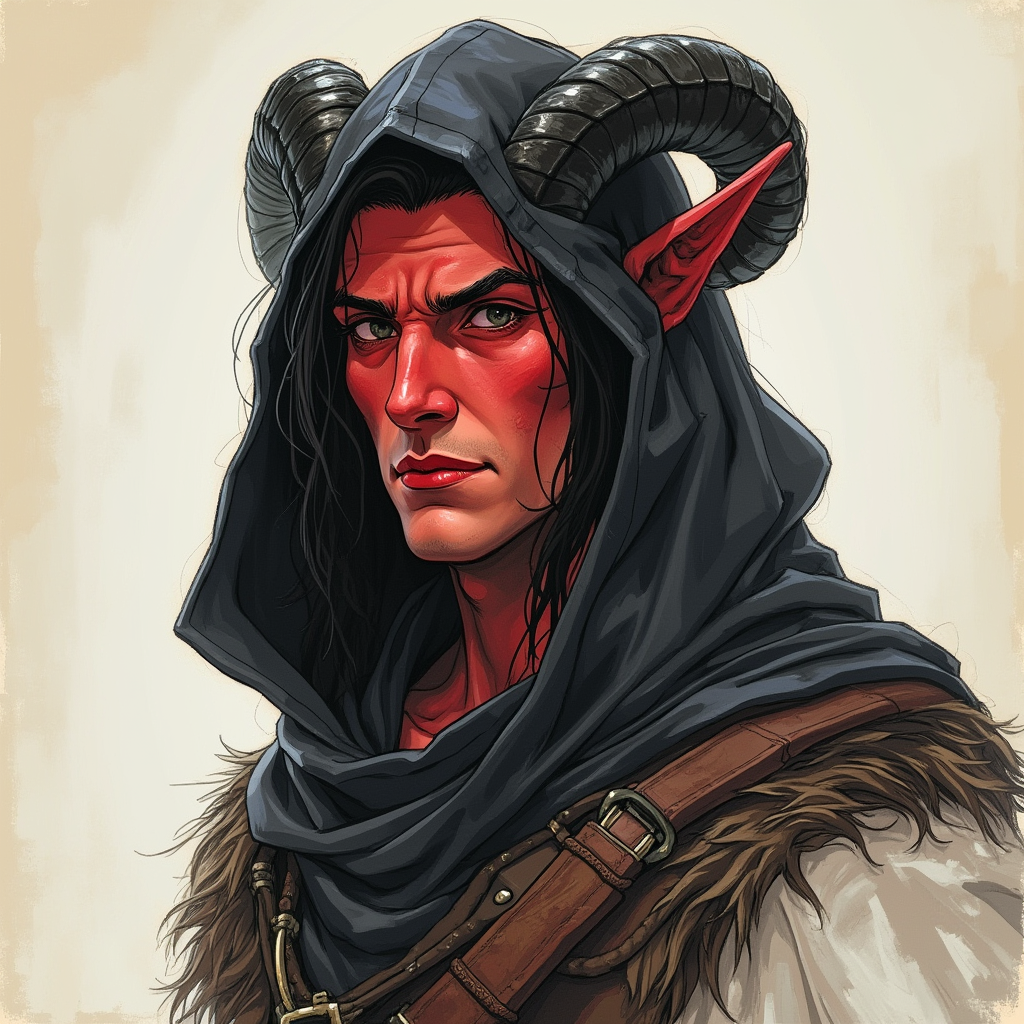 Dungeons and dragons character concept portrait. Male Barbarian, Human race, Normal human anatomy and human face, non-fantasy features. Humans have strong jawline and rounded face features, with rounded eyes girl with black hair, black eyes, wearing black hood, long crooked ears, black horns, red skin, , dnd hand drawing, dnd drawing portrait, dnd character drawing, highly detailed hand drawing, high quality character drawing, colored drawing, colorful drawing, light background, solid background