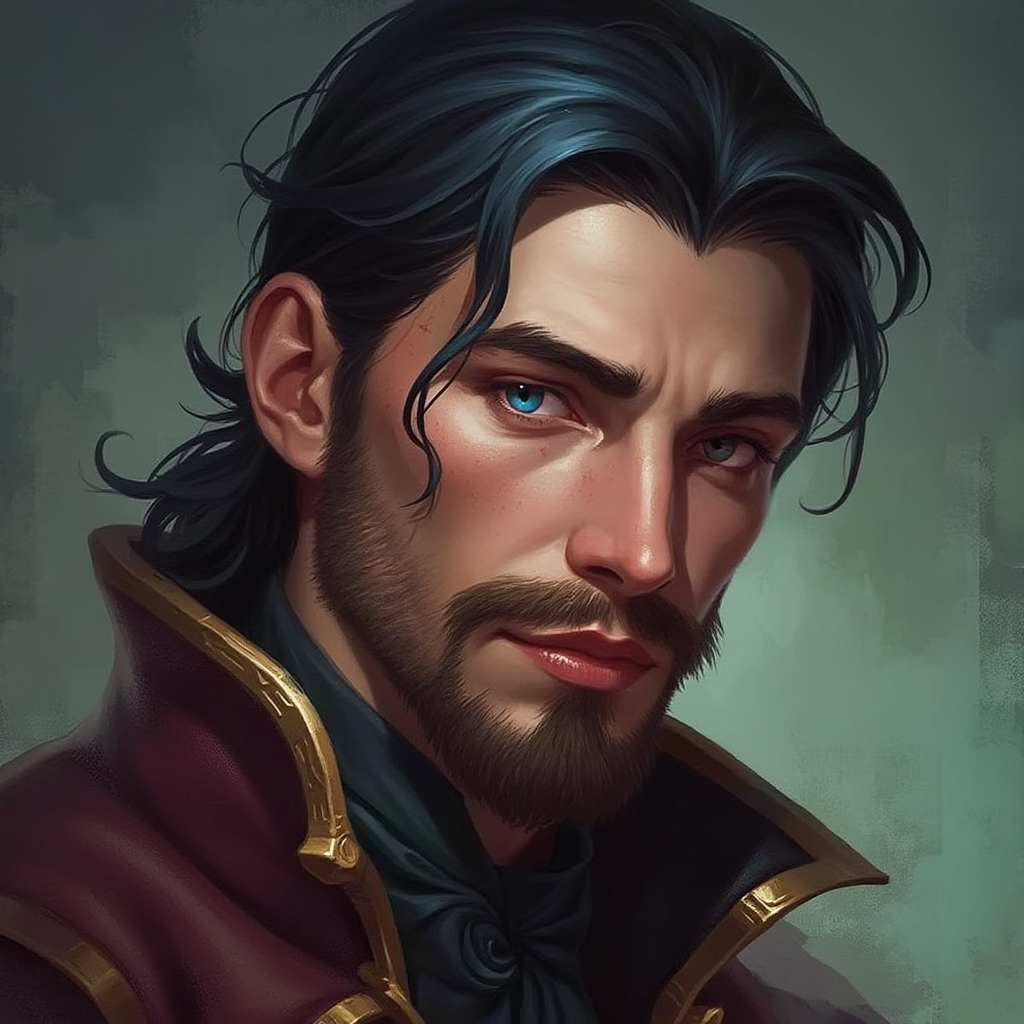 Dungeons and dragons character concept portrait. Male Bard, Human race, Normal human anatomy and human face, non-fantasy features. Humans have strong jawline and rounded face features, with rounded eyes gambler pirate, sapphire eyes, raven black hair, well kept short beard, with a scar over left eye, , , intricate, elegant, highly detailed, digital painting, artstation, concept art, smooth, sharp focus, illustration, art by stable diffusion ai's favorite artists