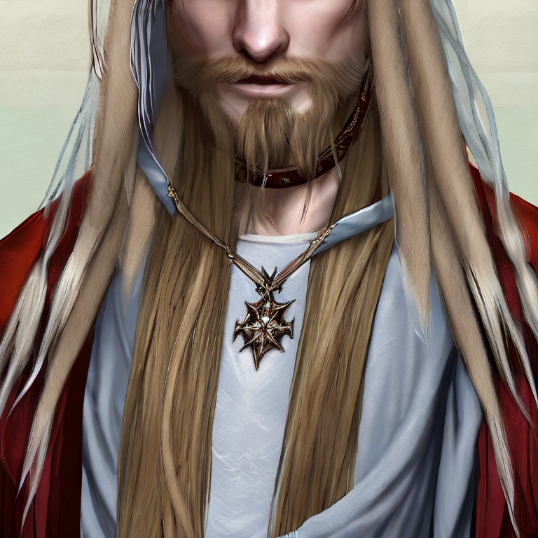 GURPS character concept portrait. Male Cleric, Human race,  Blonde Long Hair , Cleric Vestments ,chain Shirt , a long sword, holy symbol ,a missing Ring finger on right hand, religious Tattoos, with a hood  ,  intricate, elegant, highly detailed, digital painting, artstation, concept art, smooth, sharp focus, illustration, art by stable diffusion ai's favorite artists