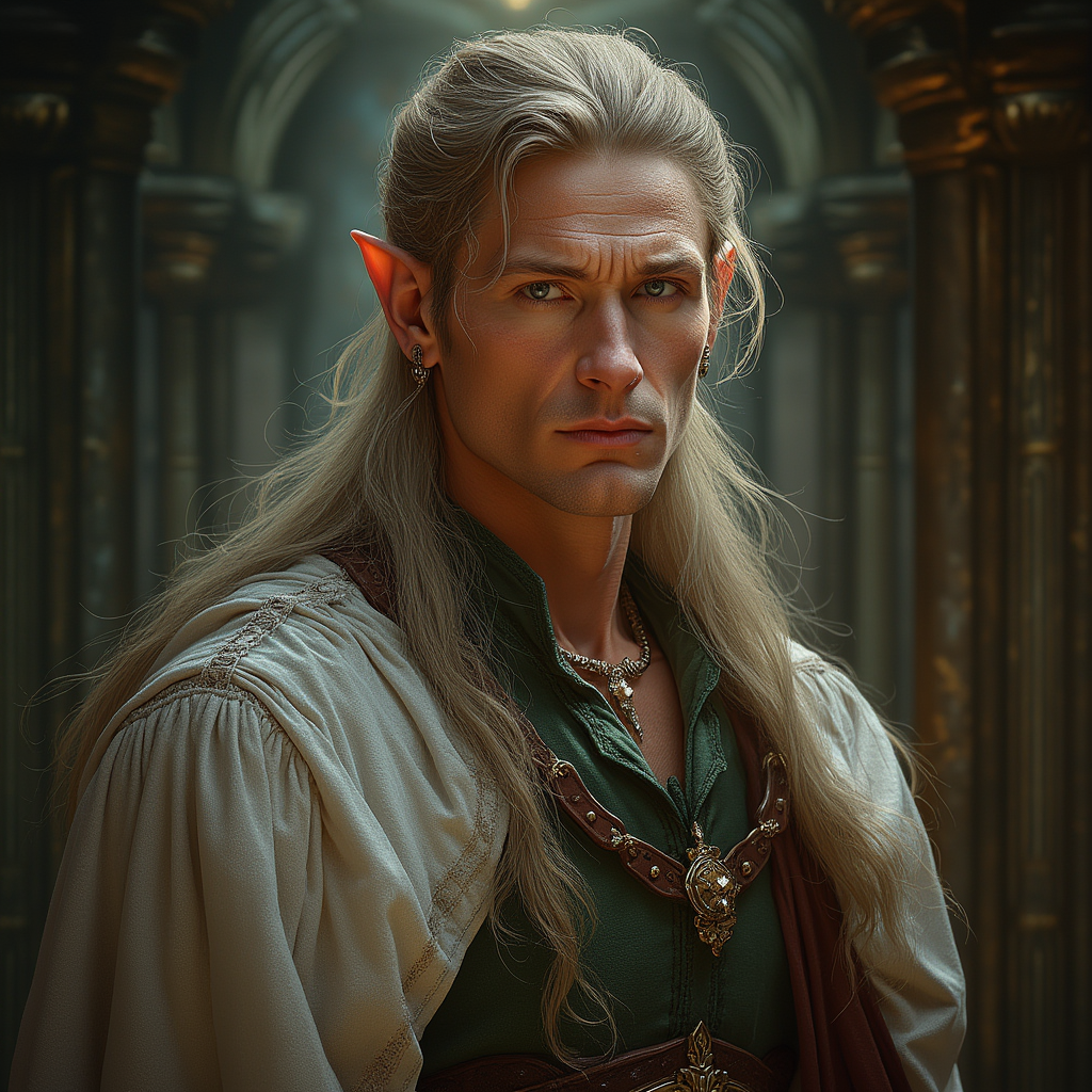 Dungeons and dragons character concept portrait. Male Wizard, Elf race, The elf is a slender, athletic figure, standing about the same height as a human. Elves have bright eyes. Elves have angular features and angular eyes. Their hair long with loose hairstyle a high elf librarian in fancy robes, , dnd photography, dnd live action, realistic dnd portrait, medium shot portrait, highly detailed, dynamic shot, 4k photo