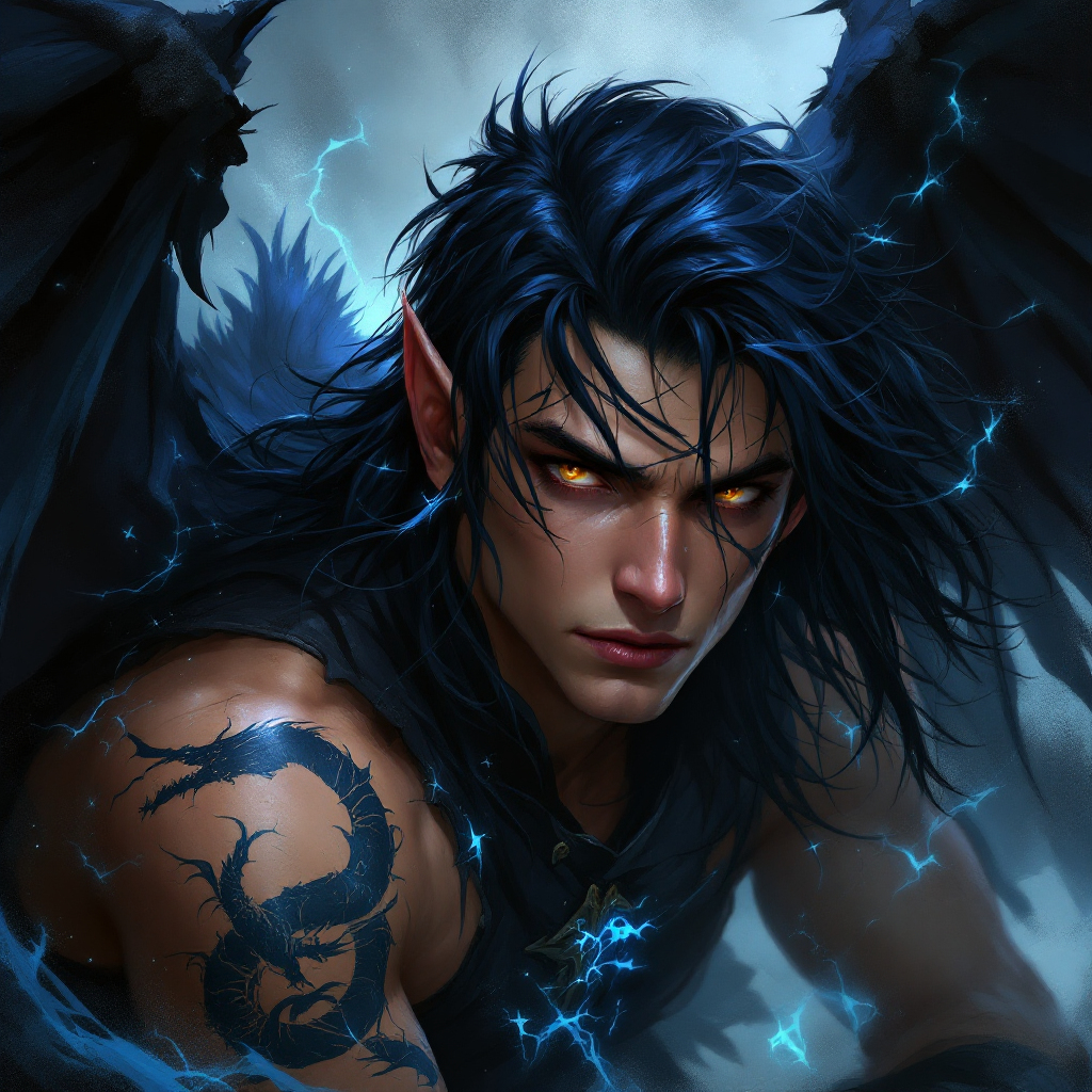 Dungeons and dragons character concept portrait. Male Fighter, Elf race, The elf is a slender, athletic figure, standing about the same height as a human. Elves have bright eyes. Elves have angular features and angular eyes. Their hair long with loose hairstyle  dark hair, short blue-black hair, eyes are hazel, black wings, shadows are surrounding him, he wears black fighting leather with blue syphons in them, with tattoos on the face, , intricate, elegant, highly detailed, digital painting, artstation, concept art, smooth, sharp focus, illustration, art by stable diffusion ai's favorite artists