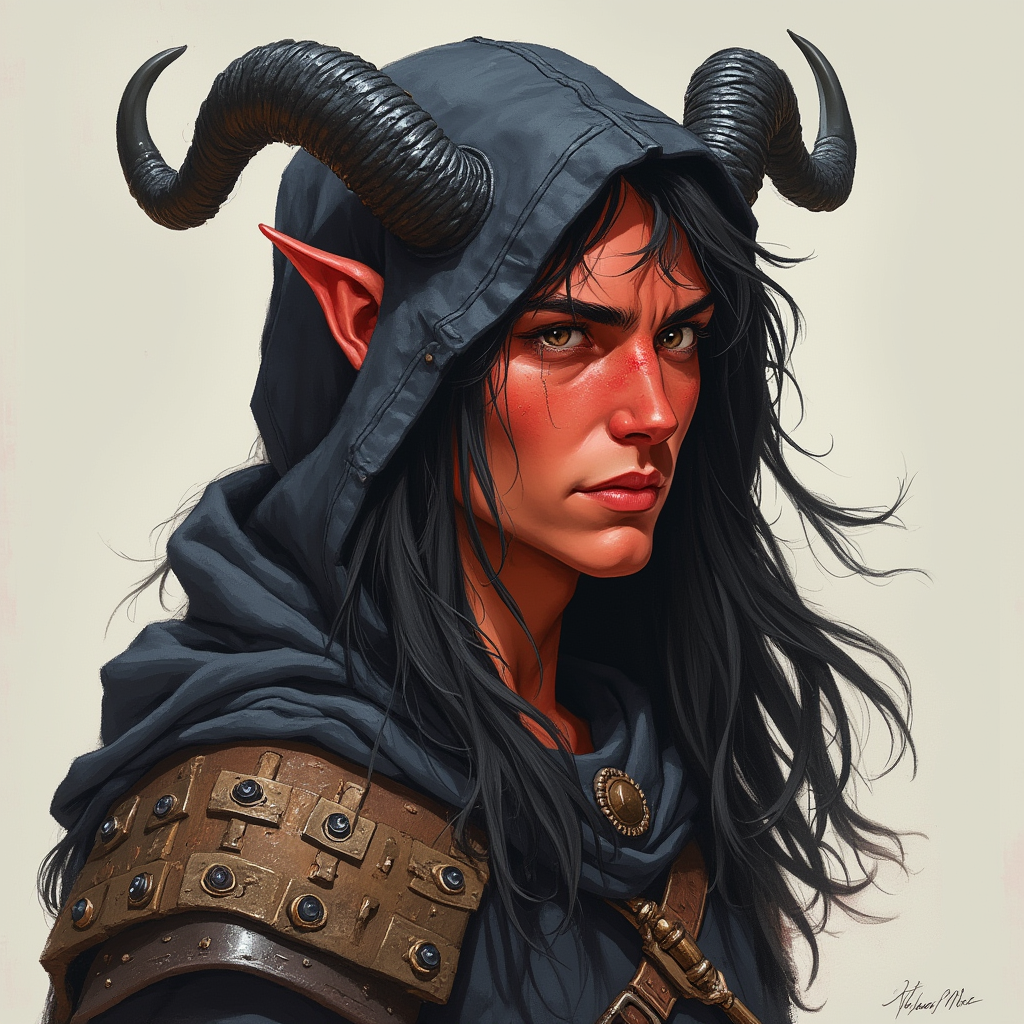 Dungeons and dragons character concept portrait. Male Barbarian, Human race, Normal human anatomy and human face, non-fantasy features. Humans have strong jawline and rounded face features, with rounded eyes girl with black hair, black eyes, wearing black hood, long crooked ears, black horns, red skin, , dnd hand drawing, dnd drawing portrait, dnd character drawing, highly detailed hand drawing, high quality character drawing, colored drawing, colorful drawing, light background, solid background