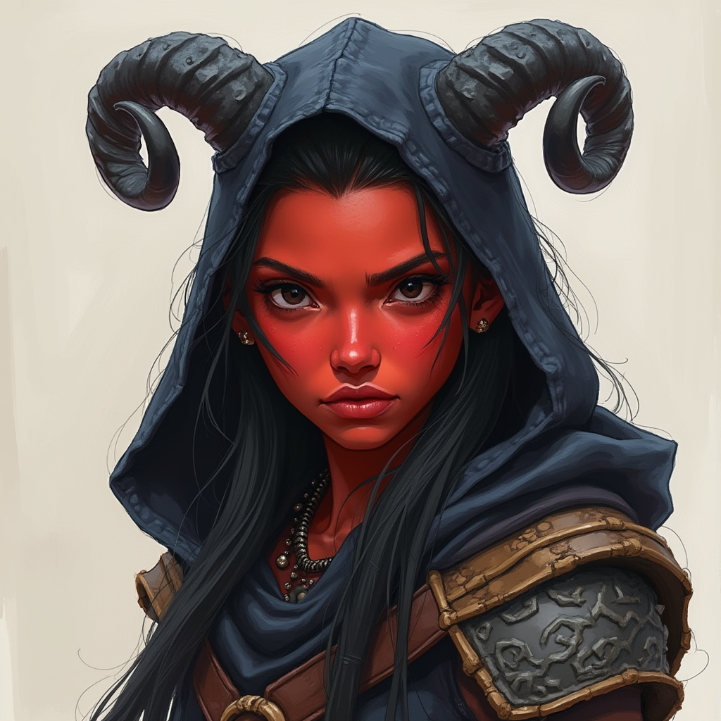 Dungeons and dragons character concept portrait. Male Barbarian, Human race, Normal human anatomy and human face, non-fantasy features. Humans have strong jawline and rounded face features, with rounded eyes girl with black hair, black eyes, wearing black hood, long crooked ears, black horns, red skin, , dnd hand drawing, dnd drawing portrait, dnd character drawing, highly detailed hand drawing, high quality character drawing, colored drawing, colorful drawing, light background, solid background