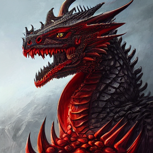 A portrait showing the  head of a dragon with Black scales, Red-eyed dragon, with long neck in the shape of an S, dragon with Red eyes, western dragon,  intricate, elegant, highly detailed, digital painting, artstation, concept art, smooth, sharp focus, illustration, epic fantasy, epic professional digital art by greg rutkowski