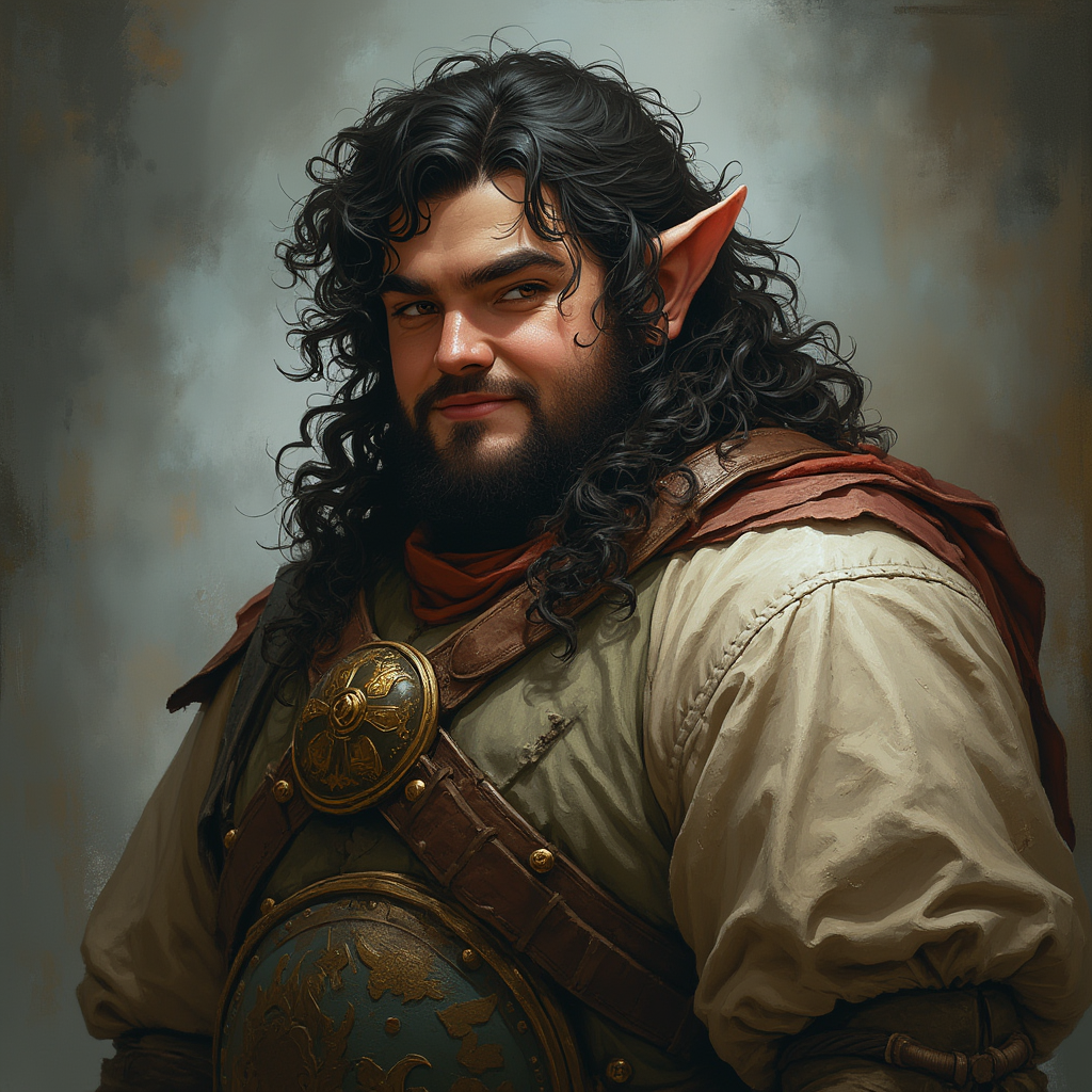 Dungeons and dragons character concept portrait. Male Cleric, Halflin race, The halfling is a stocky figure. They have a round face, large, expressive eyes, and a cheerful demeanor. Their hair is curly or wavy. Their attire feature earthy colors Good, with black hair, with curly hair, fat body, , , dnd photography, dnd live action, realistic dnd portrait, medium shot portrait, highly detailed, dynamic shot, 4k photo
