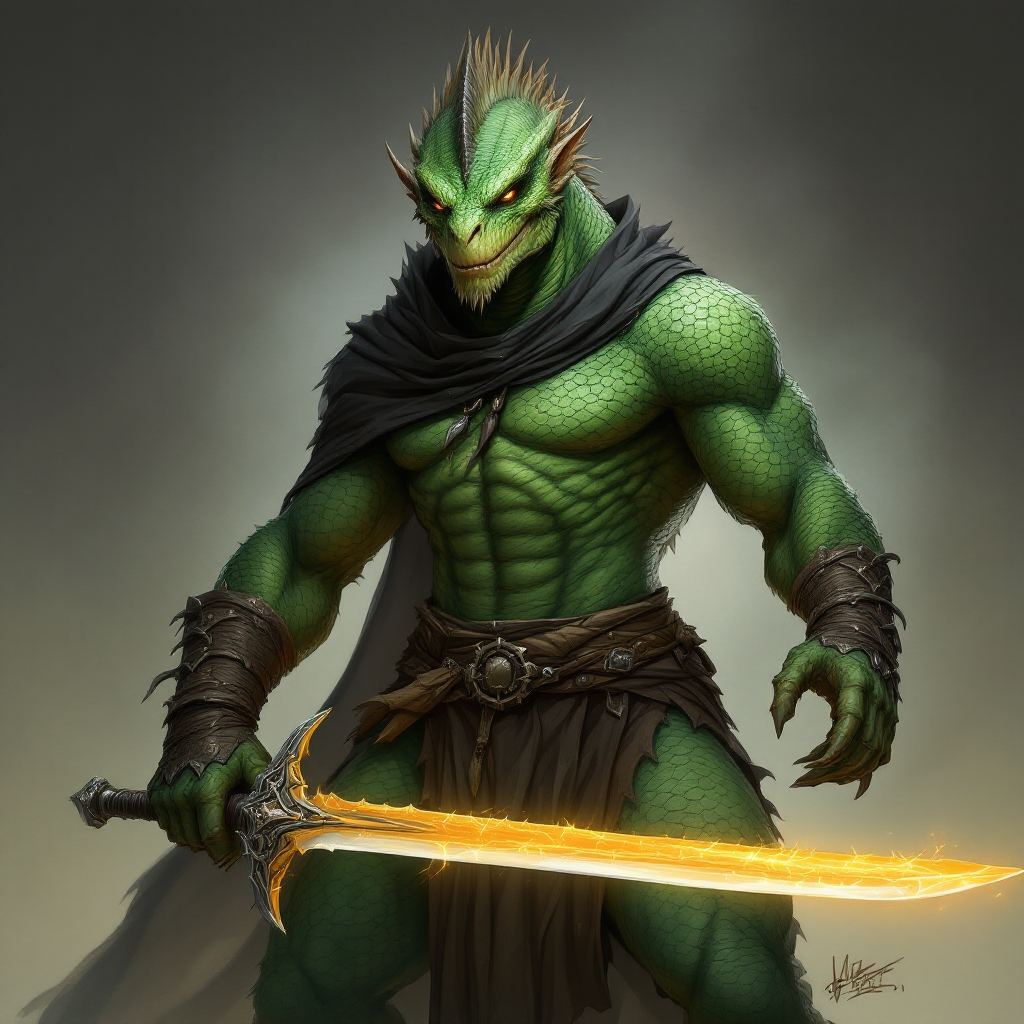Dungeons and dragons character concept portrait. Male Fighter, Dragonborn race, The dragonborn is a tall and muscular humanoid, covered in fine, leather scales with larger scales on their forearms, legs, shoulders, and thighs. They have clawed hands and feet with three fingers and a thumb. Their face has a blunt snout, strong brow, and frills near the cheeks and ears. A crest of horn-like scales runs down the back of their head, resembling thick, ropy hair. Their eyes are red or gold He has the appearance of a green chameleon Lizard-folk. He wears the Cloak of Arachnida: A fine garment made of black silk interwoven with faint silvery threads, and under the cloak he wears common clothes . He is wielding A Sun Blade: a sword with a silver hilt and a blade of pure golden-white radiance that is thin as a wire. He has green eyes and a 1 single horn centered on his forehead., with green skin, , tech dnd character portrait, dnd tech character, highly detailed, high quality tech character, with technology elements, sci-fi dnd character