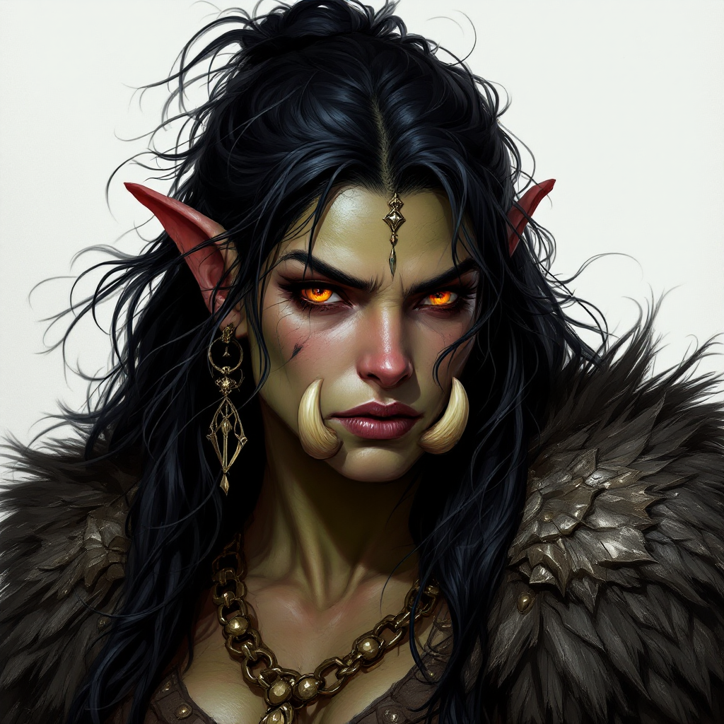 Dungeons and dragons character concept portrait. Female Barbarian, Half-Orc race, The half-orc is a robust figure, with a broad and muscular build. They have greenish skin, with pronounced features such as a strong jawline, large tusks protruding from their lower lip, and a prominent brow. Half-orcs have coarse, dark hair. Half-orcs wear rugged, practical clothing suited for combat or hard labor Grey skin, long coarse black hair that is wild and unkempt, reddish eyes, two prominent lower canines that look a little like tusks, pointed ears, , intricate, elegant, highly detailed, digital painting, artstation, concept art, smooth, sharp focus, illustration, art by stable diffusion ai's favorite artists