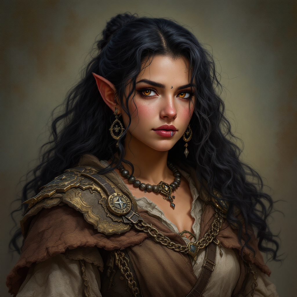 Dungeons and dragons character concept portrait. Female Cleric, Halflin race, The halfling is a stocky figure. They have a round face, large, expressive eyes, and a cheerful demeanor. Their hair is curly or wavy. Their attire feature earthy colors Amuby Derhubb is a 35 year old female stout halfling cleric.  She has long, curled, black hair and brown eyes.  She has rugged brown skin.  She stands 109cm (3'6