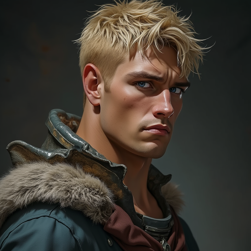 Dungeons and dragons character concept portrait. Male Fighter, Human race, Normal human anatomy and human face, non-fantasy features. Humans have strong jawline and rounded face features, with rounded eyes short blonde hair young muscley broad thick neck blue eyes no facial hair well built tank kind face, , dnd photography, dnd live action, realistic dnd portrait, medium shot portrait, highly detailed, dynamic shot, 4k photo
