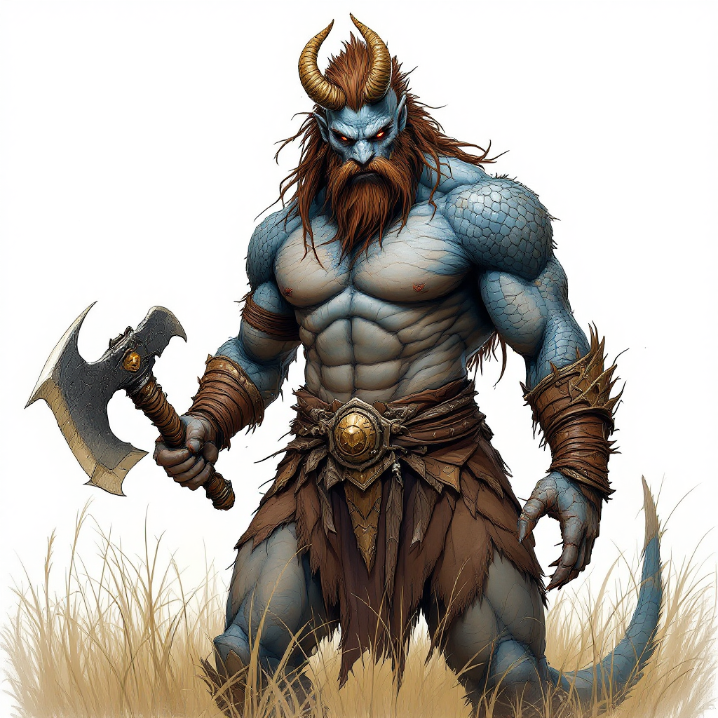 Dungeons and dragons character concept portrait. Male Barbarian, Dragonborn race, The dragonborn is a tall and muscular humanoid, covered in fine, leather scales with larger scales on their forearms, legs, shoulders, and thighs. They have clawed hands and feet with three fingers and a thumb. Their face has a blunt snout, strong brow, and frills near the cheeks and ears. A crest of horn-like scales runs down the back of their head, resembling thick, ropy hair. Their eyes are red or gold Gold eyes, blue skin, no hair, horna carying greataxe, in open grassland, , dnd hand drawing, dnd drawing portrait, dnd character drawing, highly detailed hand drawing, high quality character drawing, colored drawing, colorful drawing, light background, solid background