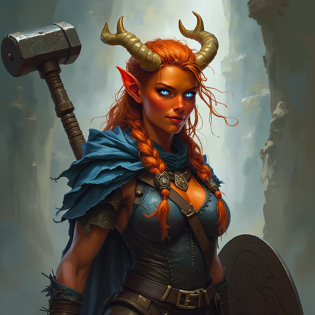 Dungeons and dragons character concept portrait. Female Paladin, Tiefling race, The tiefling is a tall and striking figure with a lean and muscular build. Sharp horns that grow amidst the hairline. Tieflings have glowing eyes which give them an otherworldly appearance. Tieflings favor bold clothing incorporating dark colors and intricate patterns Tiefling female, muscular and stocky, orange-gold skin, bright flamelike BLUE-WHITE eyes, wavy fire-engine red hair in messy braids, gold-white twelve point antler-like horns, UNARMORED, simple rugged clothing, a large hammer on her back, affable friendly smile, carved wooden shield, , dnd photography, dnd live action, realistic dnd portrait, medium shot portrait, highly detailed, dynamic shot, 4k photo