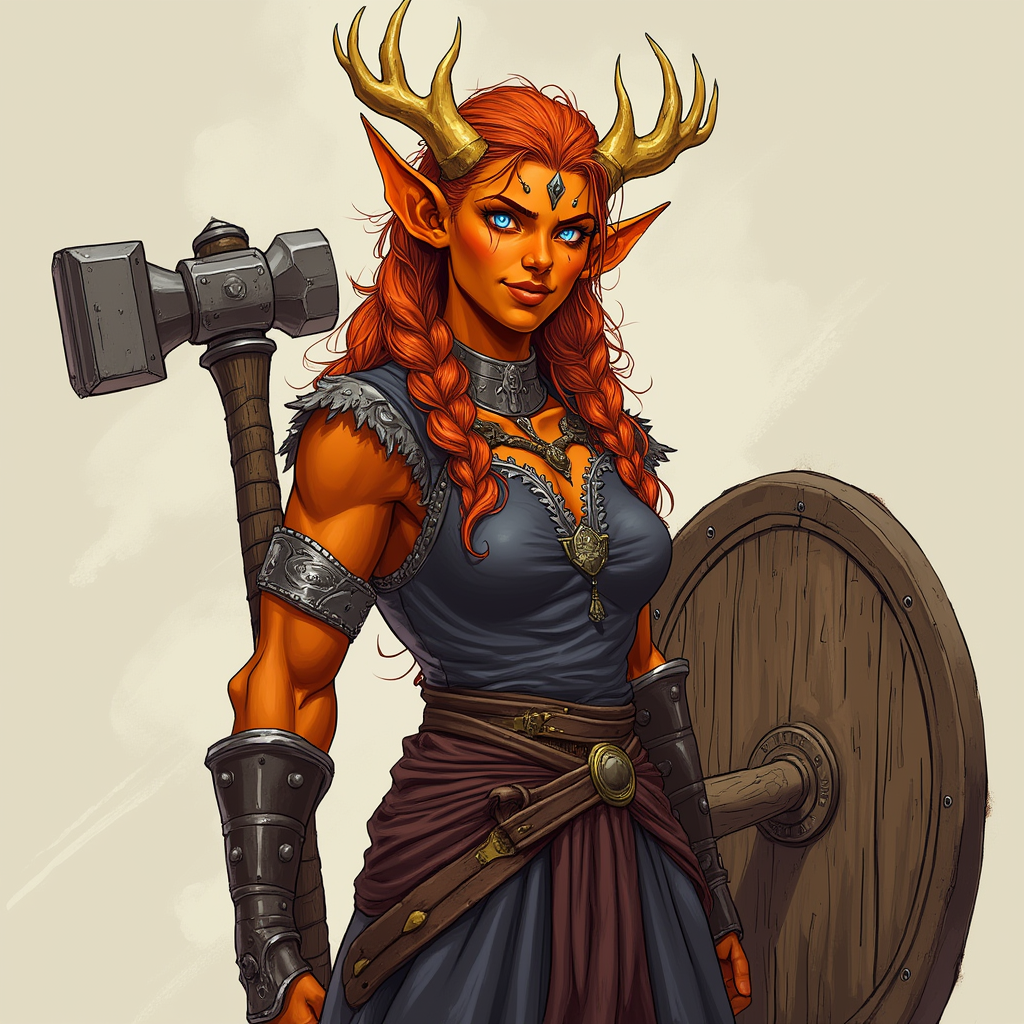 Dungeons and dragons character concept portrait. Female Paladin, Tiefling race, The tiefling is a tall and striking figure with a lean and muscular build. Sharp horns that grow amidst the hairline. Tieflings have glowing eyes which give them an otherworldly appearance. Tieflings favor bold clothing incorporating dark colors and intricate patterns Tiefling female, muscular and stocky, orange-gold skin, bright flamelike BLUE-WHITE eyes, wavy fire-engine red hair in messy braids, gold-white twelve point antler-like horns, UNARMORED, simple rugged clothing, a large hammer on her back, affable friendly smile, carved wooden shield, , dnd hand drawing, dnd drawing portrait, dnd character drawing, highly detailed hand drawing, high quality character drawing, colored drawing, colorful drawing, light background, solid background