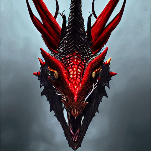 A portrait showing the  head of a dragon with Red scales, Black-eyed dragon, with long neck in the shape of an S, dragon with Black eyes, western dragon, Red dragon in combat blowing fire, with curved horns,  intricate, elegant, highly detailed, digital painting, artstation, concept art, smooth, sharp focus, illustration, epic fantasy, epic professional digital art by greg rutkowski