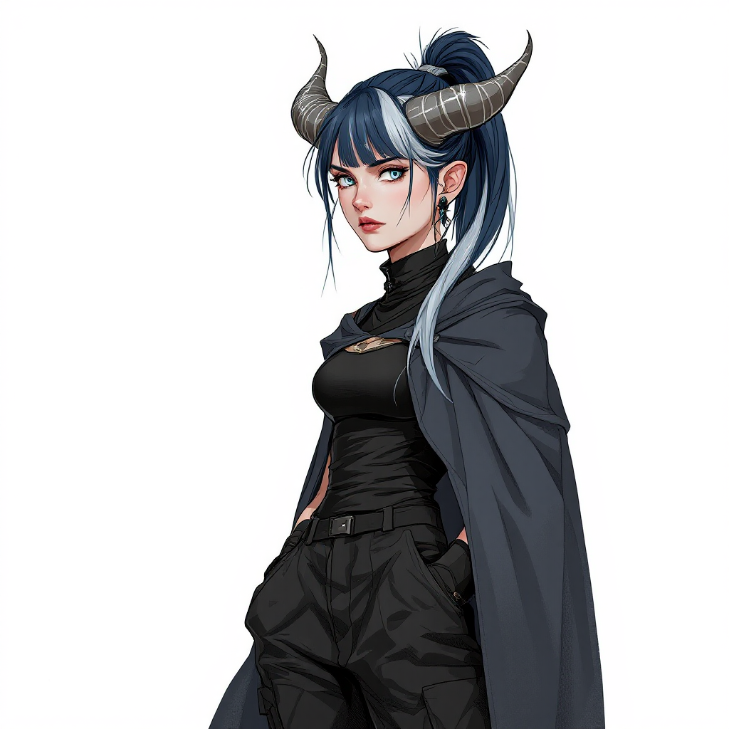 Dungeons and dragons character concept portrait. Male Barbarian, Human race, Normal human anatomy and human face, non-fantasy features. Humans have strong jawline and rounded face features, with rounded eyes Her Skin color pale blue tint. Her Clothing is fitted straight black cargo pants, black combat boots and a turtleneck tank top with a shadowy cloak. Hair is two-toned navy with white, in a long ponytail with straight-cut bangs across the forehead. Ears have many earrings that are spikes. She has a simple black septum piercing. Eyes are pale, glowing gray-blue. Facial expression is bored. She has an oval face shape. Her horns spiral upward and slightly back. Pose Standing with hands in pockets. . Female, , dnd hand drawing, dnd drawing portrait, dnd character drawing, highly detailed hand drawing, high quality character drawing, colored drawing, colorful drawing, light background, solid background